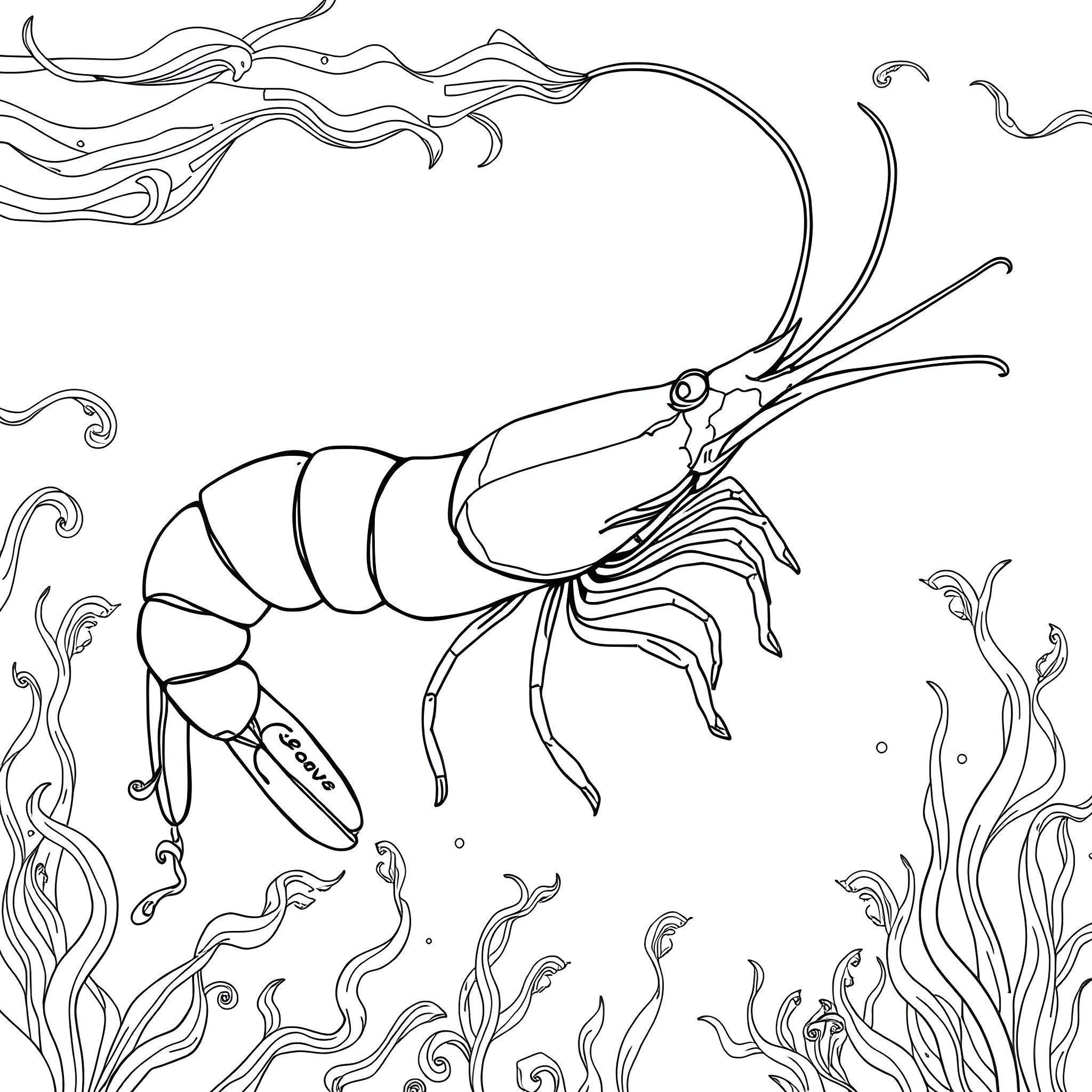 Shrimp dancing in the ocean waves Coloring Page (free black-and-white line drawing printable PDF for all, from beginners to advanced learners, including children, teens, adults, and seniors)