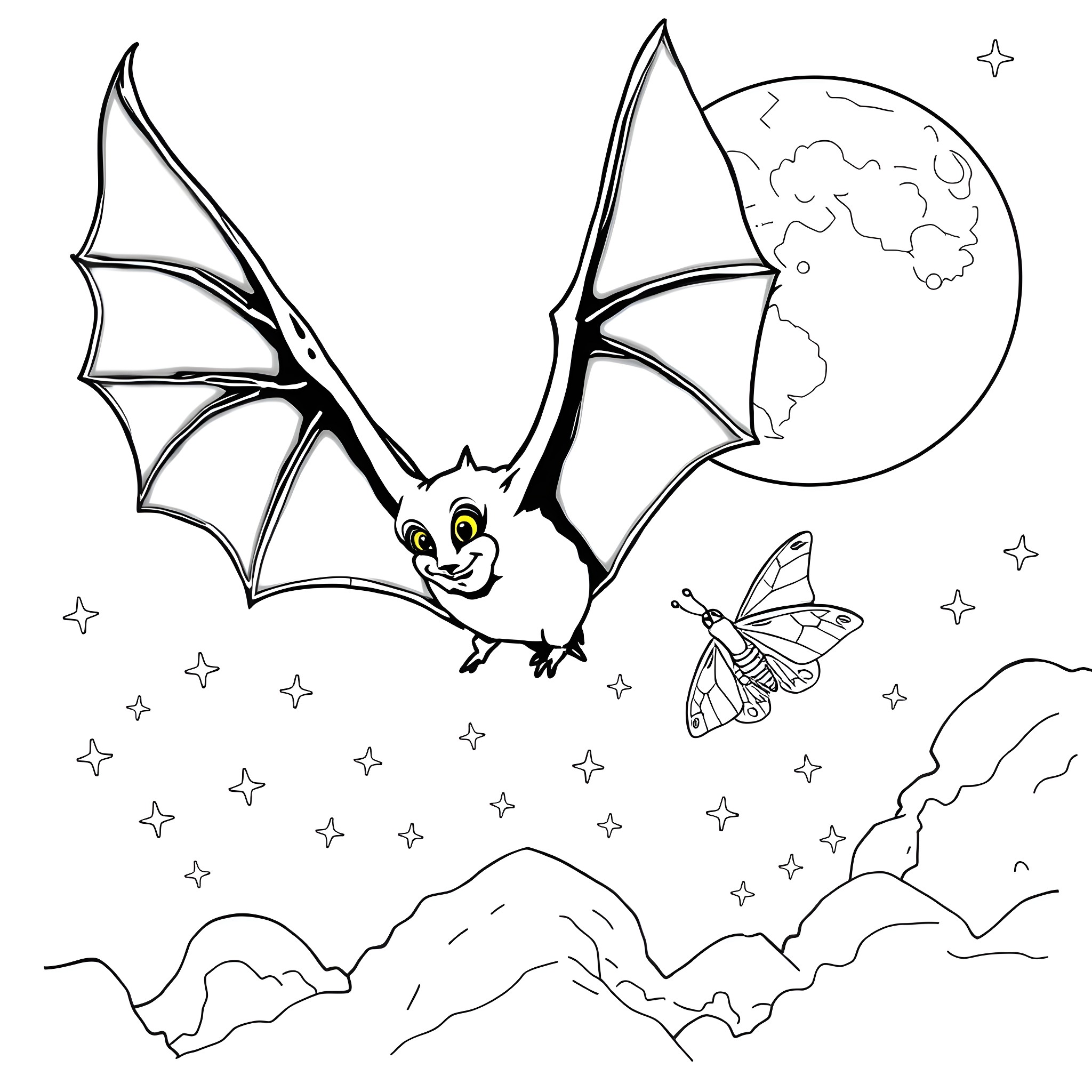 Bat flying joyfully in the starry night Coloring Page (free black-and-white line drawing printable PDF for all, from beginners to advanced learners, including children, teens, adults, and seniors)