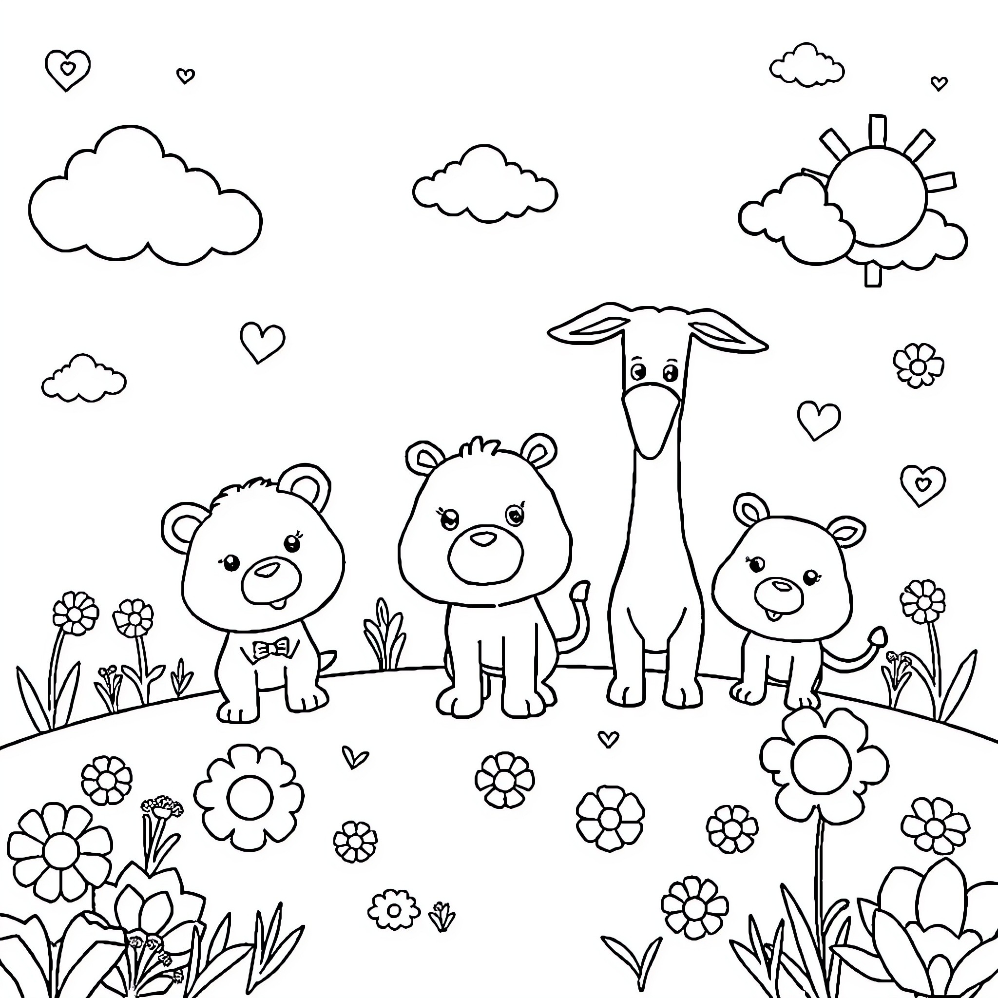 Animal friends playing in the meadow Coloring Page (free black-and-white line drawing printable PDF for all, from beginners to advanced learners, including children, teens, adults, and seniors)