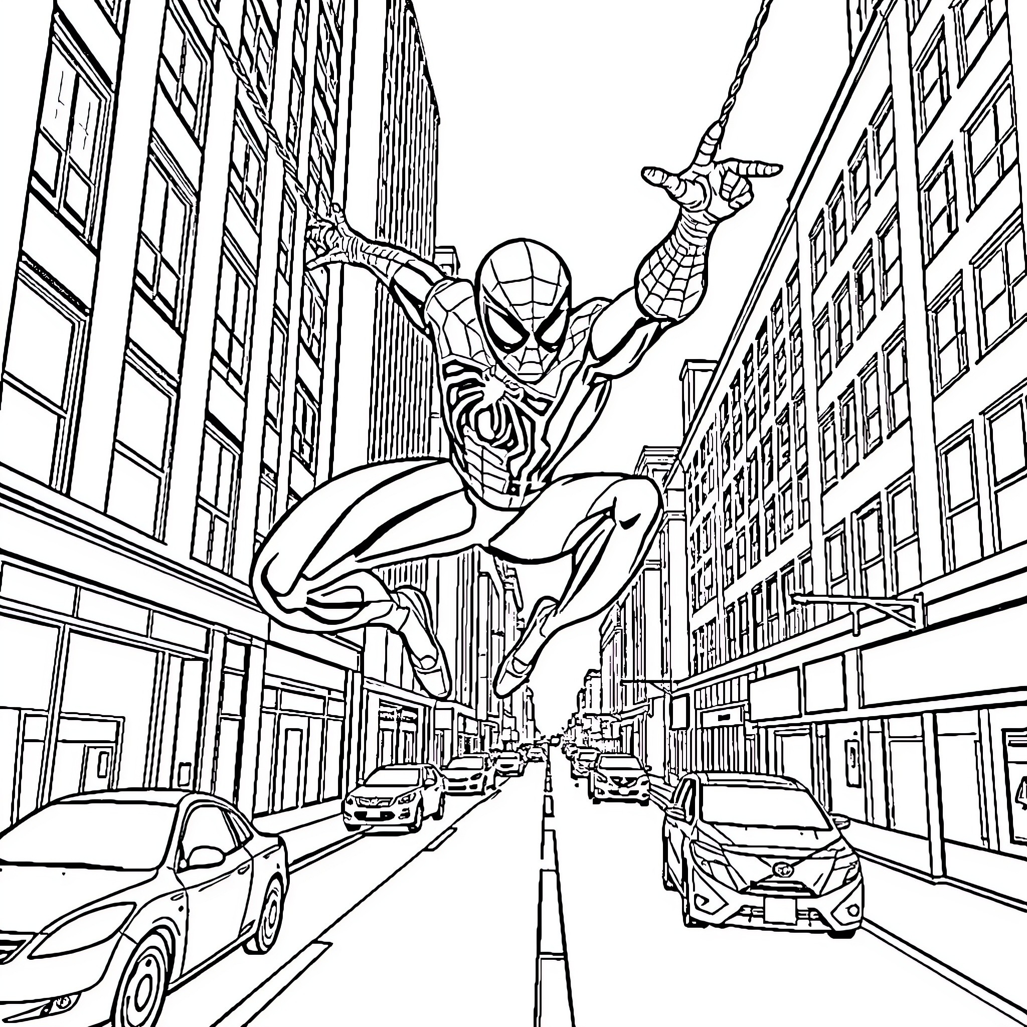 Spidey Swinging through the City Streets Coloring Page (free black-and-white line drawing printable PDF for all, from beginners to advanced learners, including children, teens, adults, and seniors)