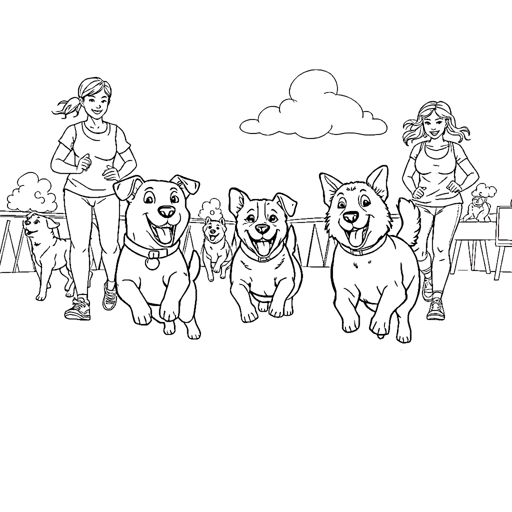 Dogs playing joyfully with their owners in the park Coloring Page (free black-and-white line drawing printable PDF for all, from beginners to advanced learners, including children, teens, adults, and seniors)