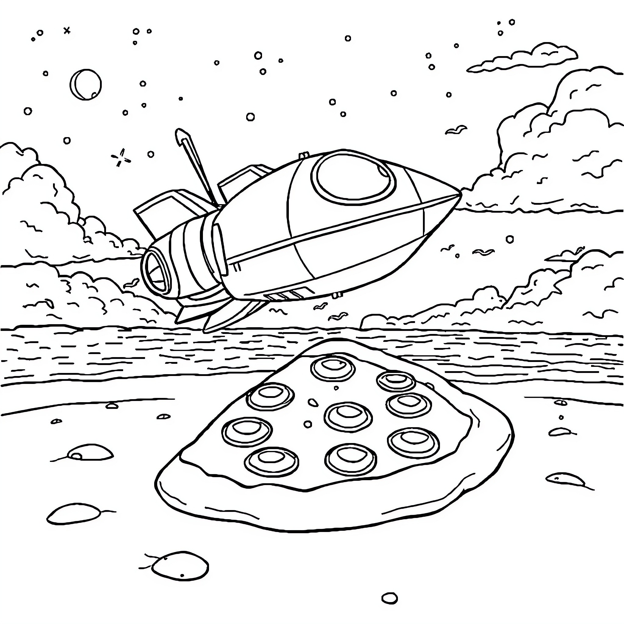 Spaceship flying over the sea with a mysterious object below Coloring Page (free black-and-white line drawing printable PDF for all, from beginners to advanced learners, including children, teens, adults, and seniors)