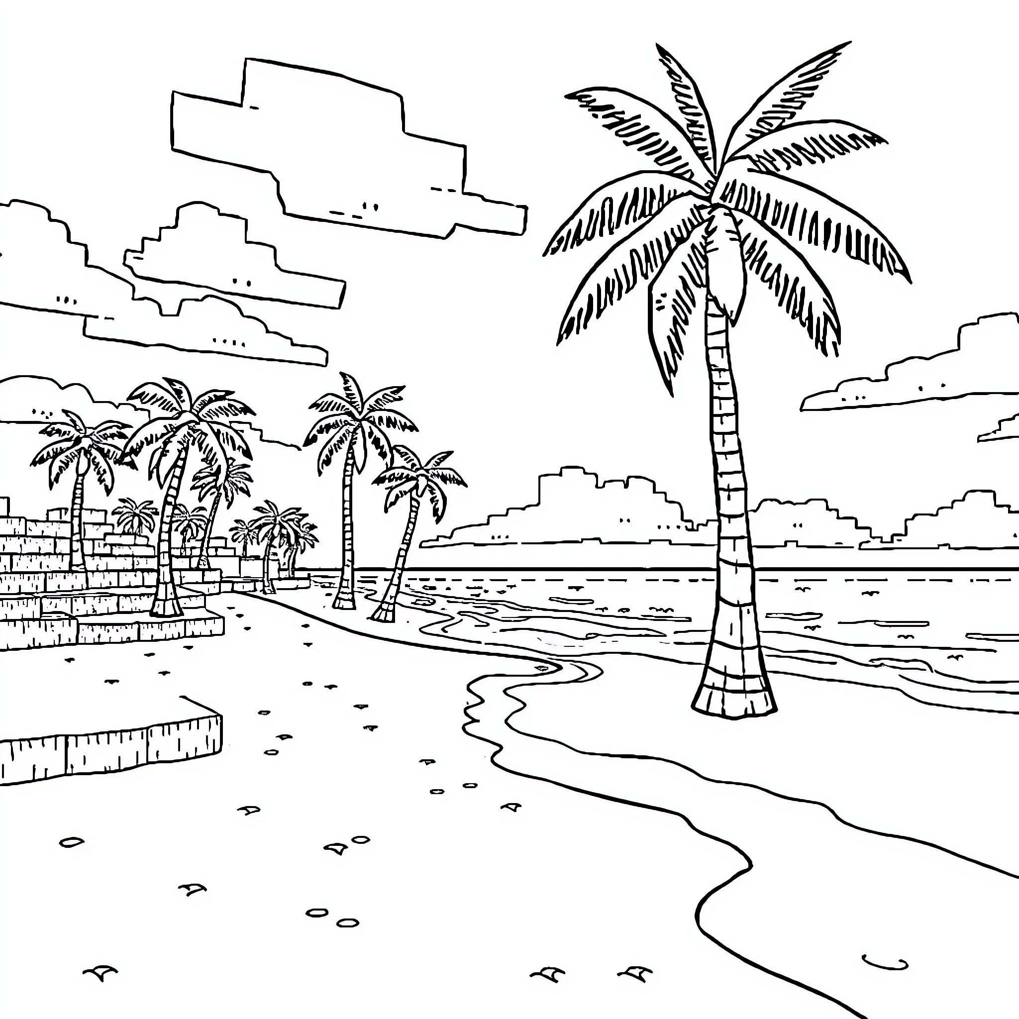 Minecraft beachfront with palm trees and buildings Coloring Page (free black-and-white line drawing printable PDF for all, from beginners to advanced learners, including children, teens, adults, and seniors)
