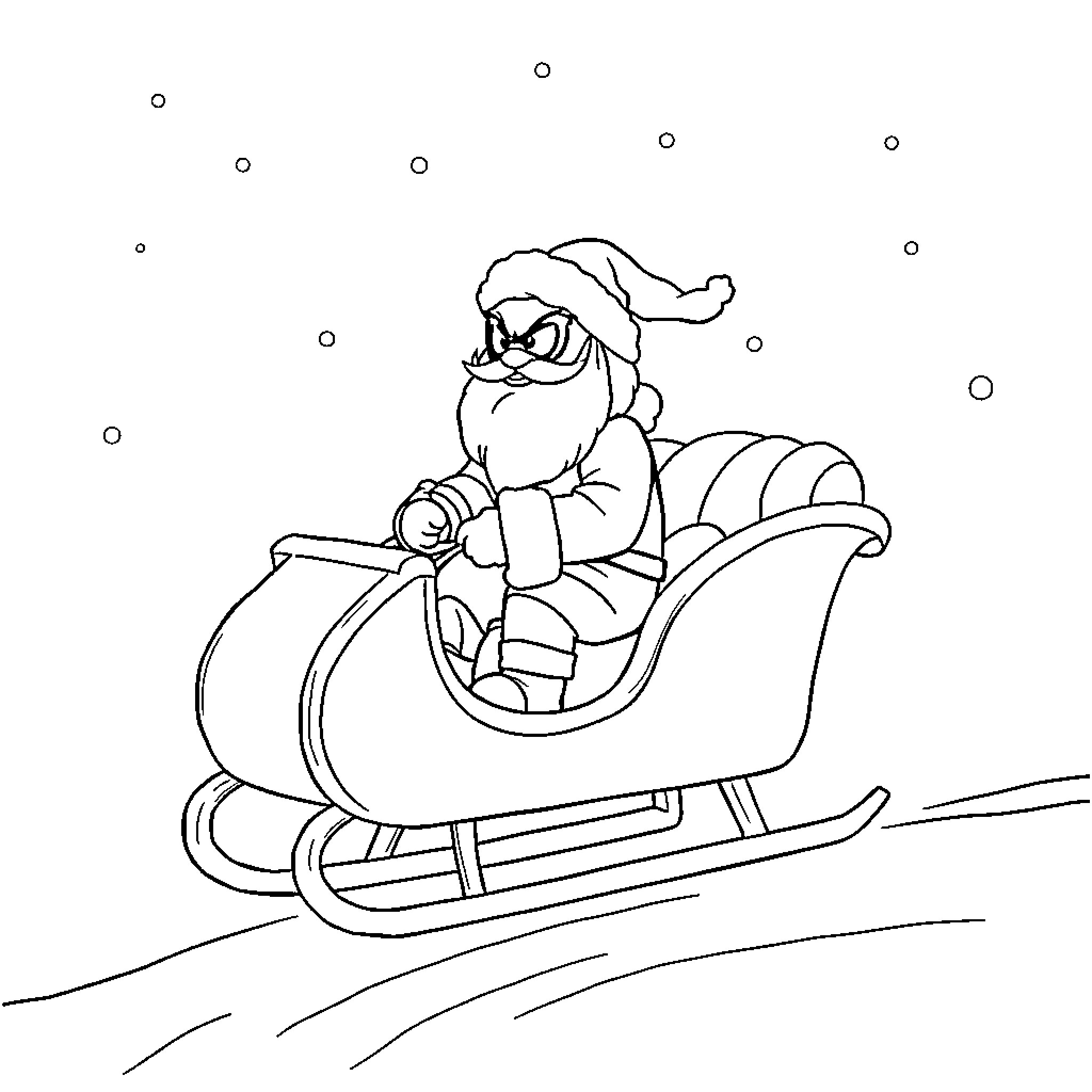 Spidy Santa riding his sleigh in the snow Coloring Page (free black-and-white line drawing printable PDF for all, from beginners to advanced learners, including children, teens, adults, and seniors)