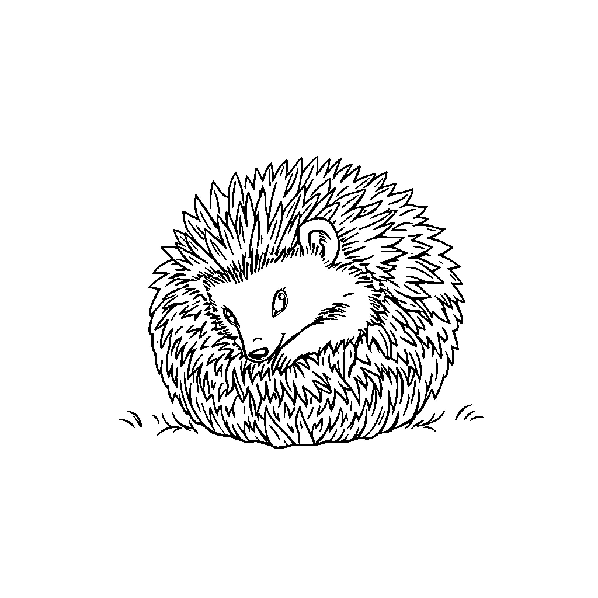 Hedgehog curled up on the ground Coloring Page (free black-and-white line drawing printable PDF for all, from beginners to advanced learners, including children, teens, adults, and seniors)