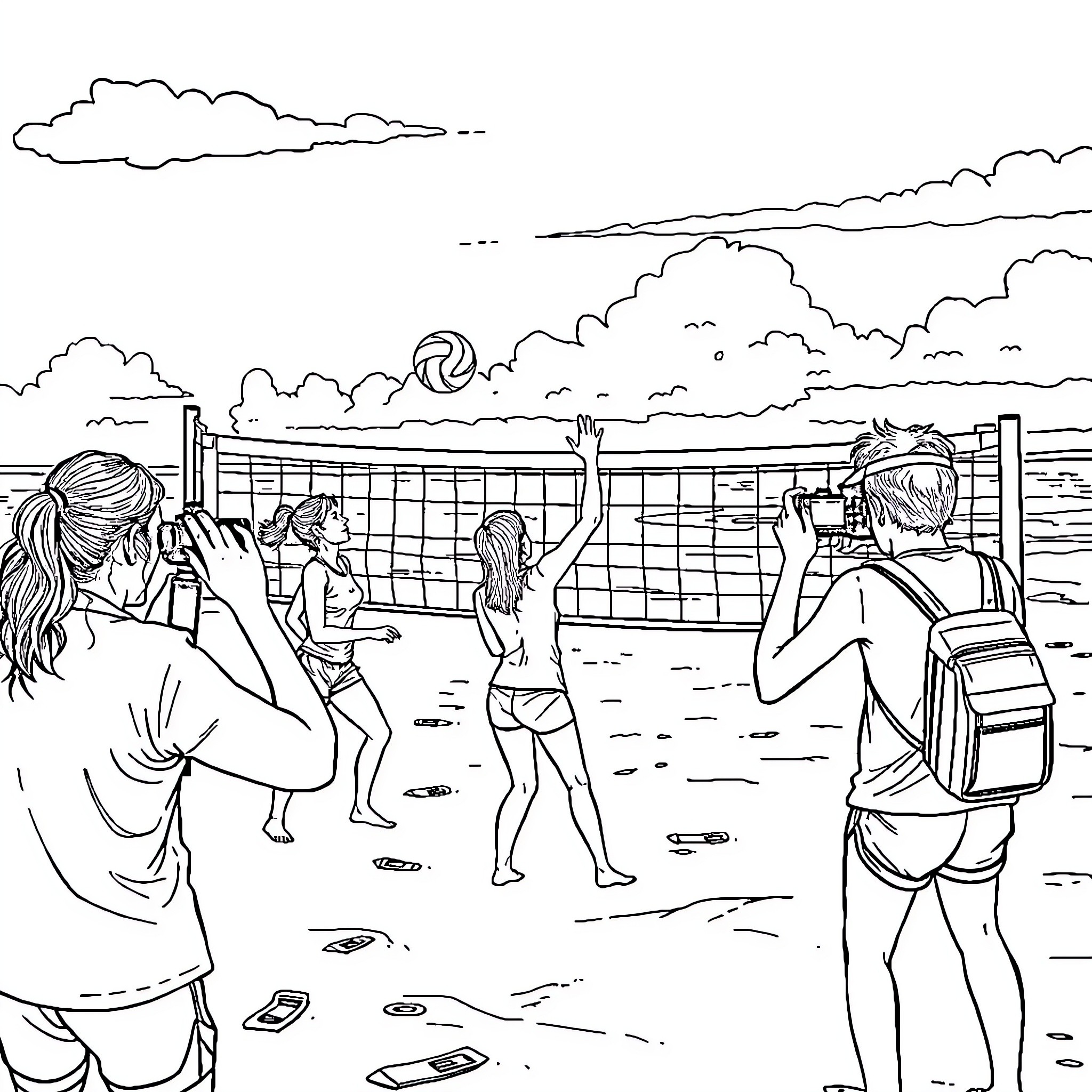 People playing volleyball at the beach Coloring Page (free black-and-white line drawing printable PDF for all, from beginners to advanced learners, including children, teens, adults, and seniors)