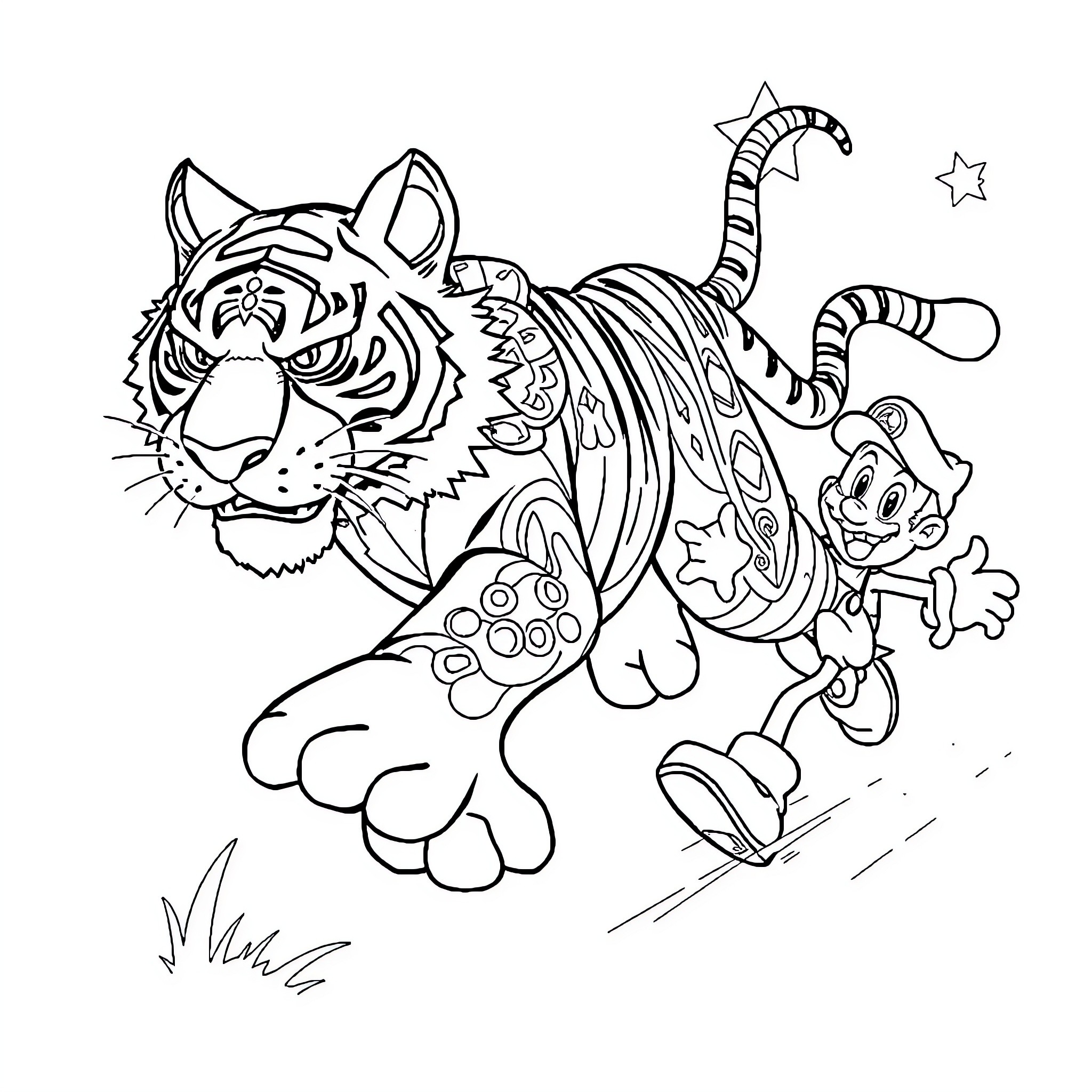 Tigre playing with small creature in colorful nature Coloring Page (free black-and-white line drawing printable PDF for all, from beginners to advanced learners, including children, teens, adults, and seniors)