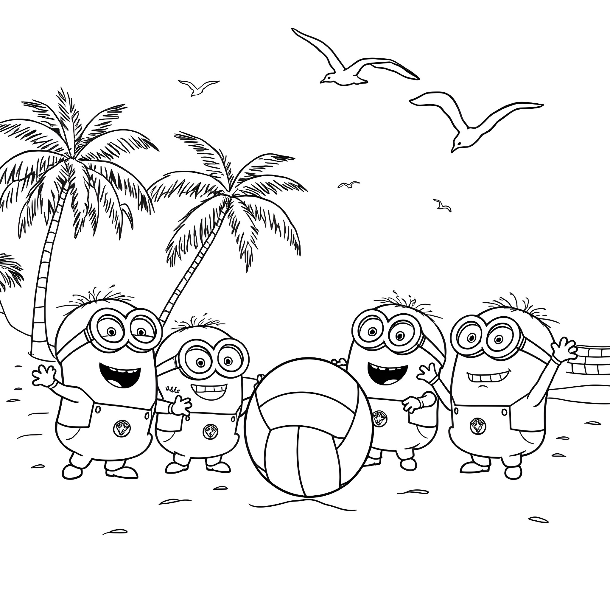 Minions playing joyfully on the beach Coloring Page (free black-and-white line drawing printable PDF for all, from beginners to advanced learners, including children, teens, adults, and seniors)