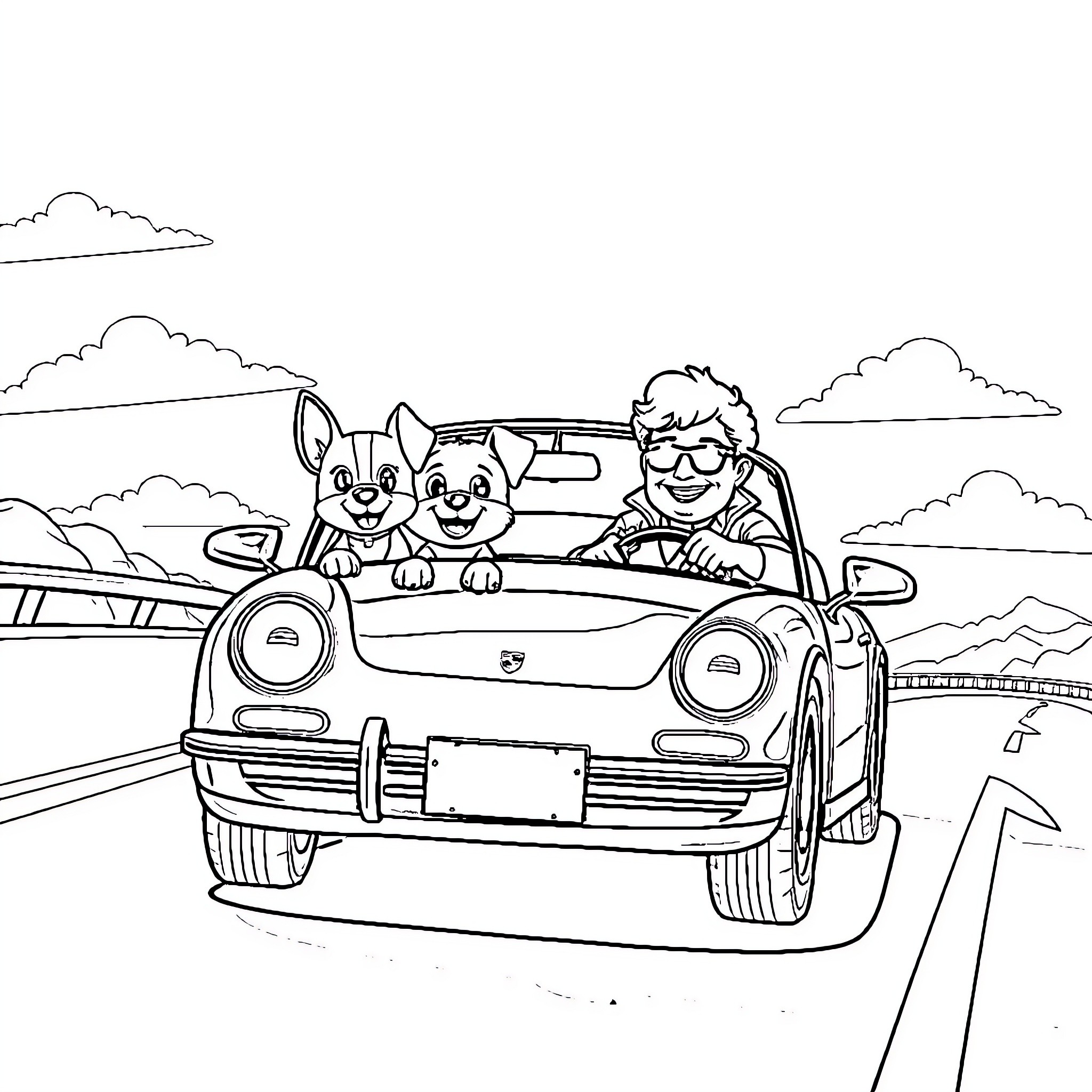 Bluey and family on a road trip adventure Coloring Page (free black-and-white line drawing printable PDF for all, from beginners to advanced learners, including children, teens, adults, and seniors)