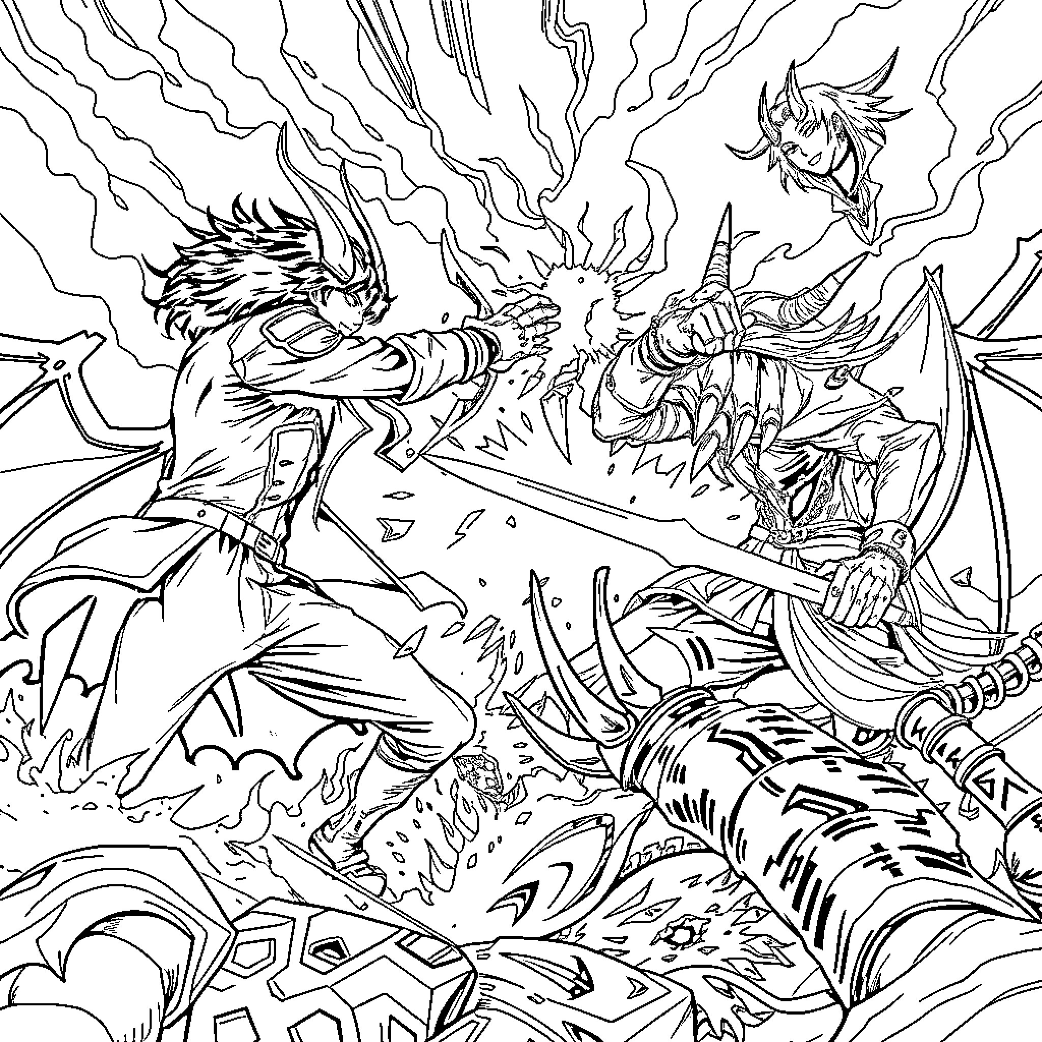 Demon Hunter battles fierce demonic creature Coloring Page (free black-and-white line drawing printable PDF for all, from beginners to advanced learners, including children, teens, adults, and seniors)