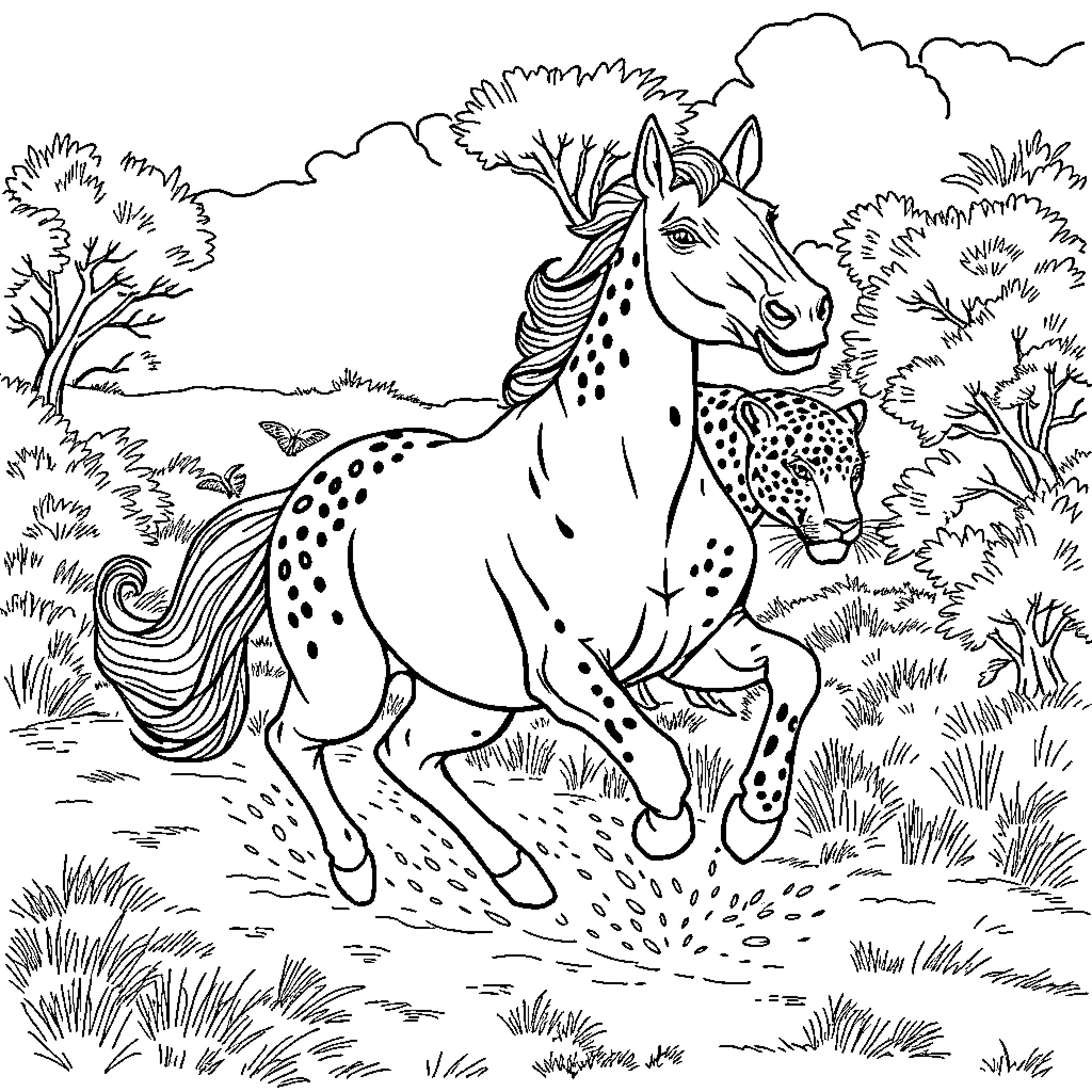 Caballo running gracefully through the wild forest Coloring Page (free black-and-white line drawing printable PDF for all, from beginners to advanced learners, including children, teens, adults, and seniors)