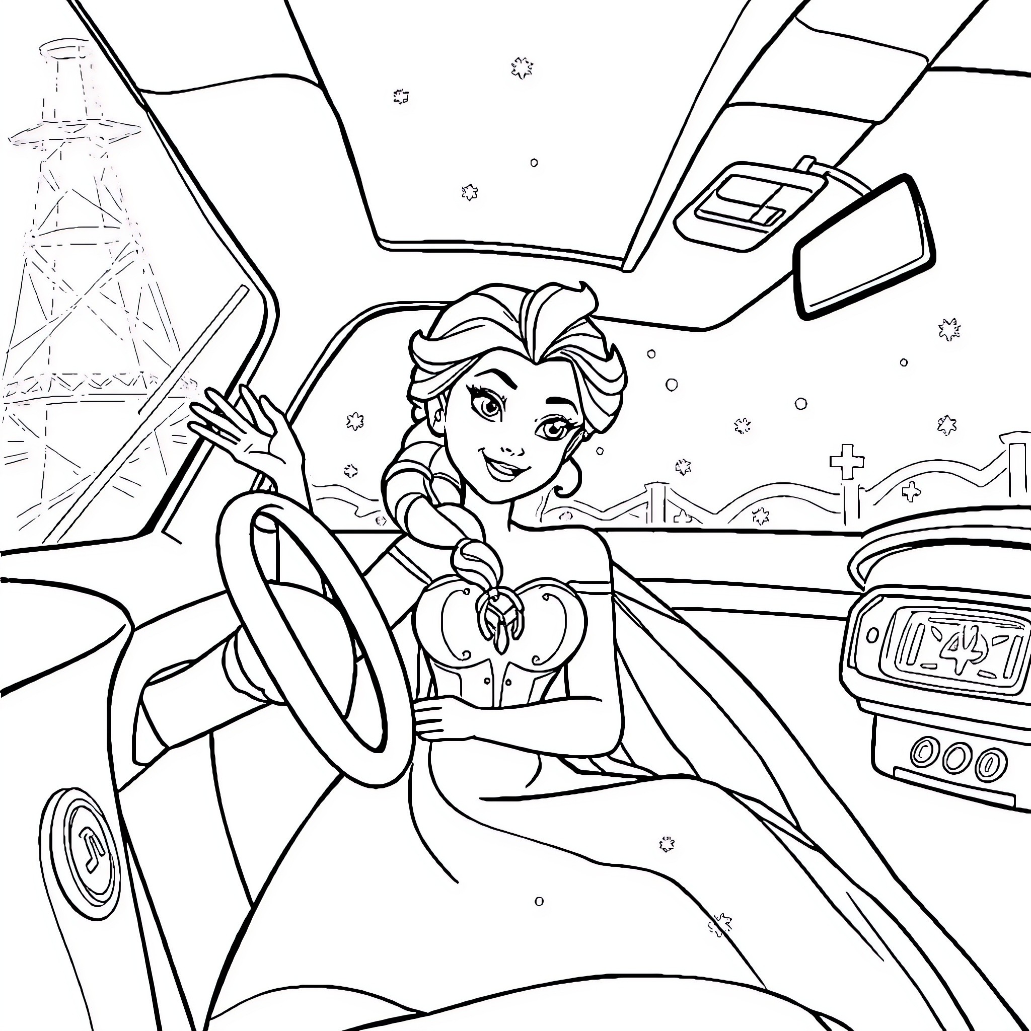 Princess Elsa driving a car through the city Coloring Page (free black-and-white line drawing printable PDF for all, from beginners to advanced learners, including children, teens, adults, and seniors)