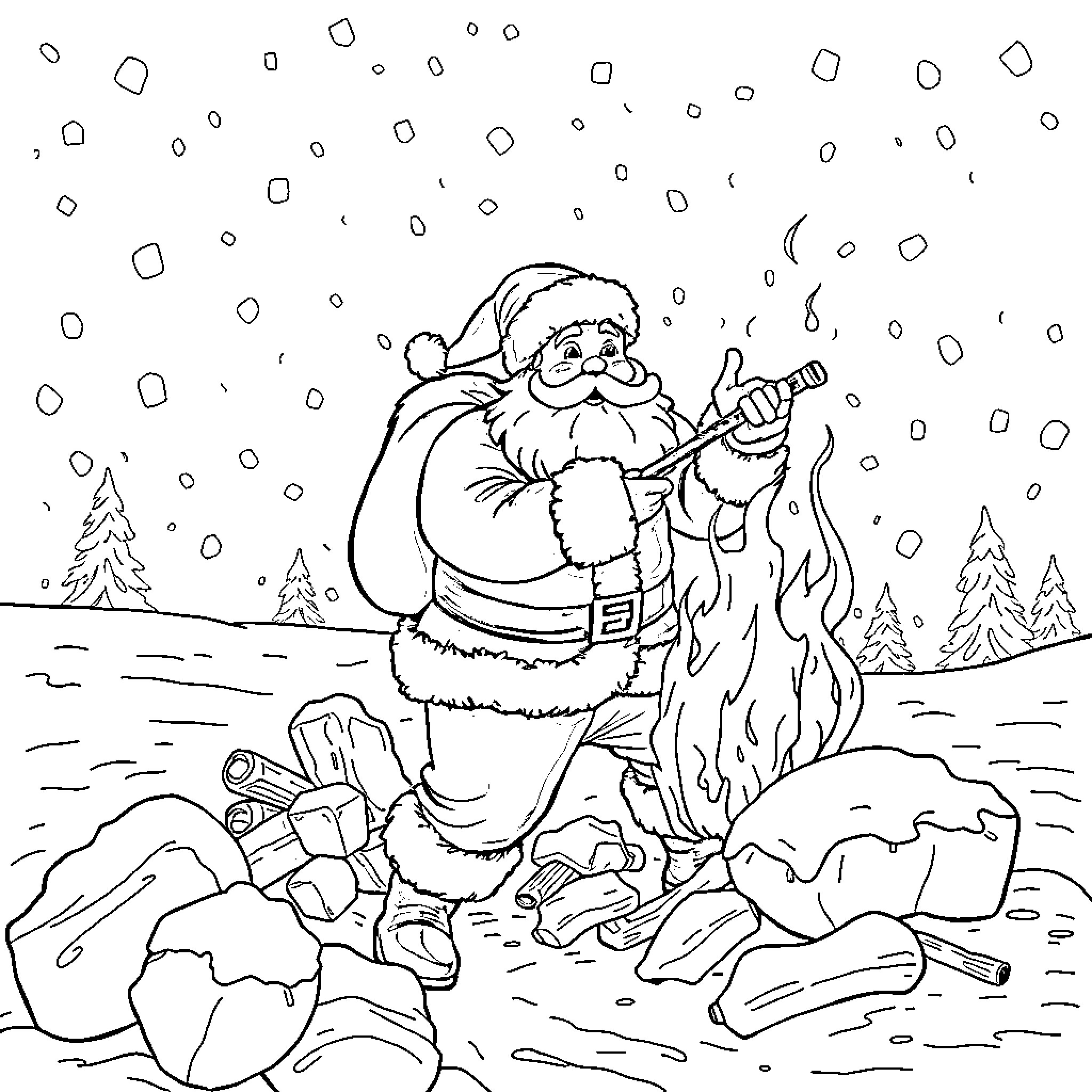 Santa enjoying the winter scenery by the fireplace Coloring Page (free black-and-white line drawing printable PDF for all, from beginners to advanced learners, including children, teens, adults, and seniors)
