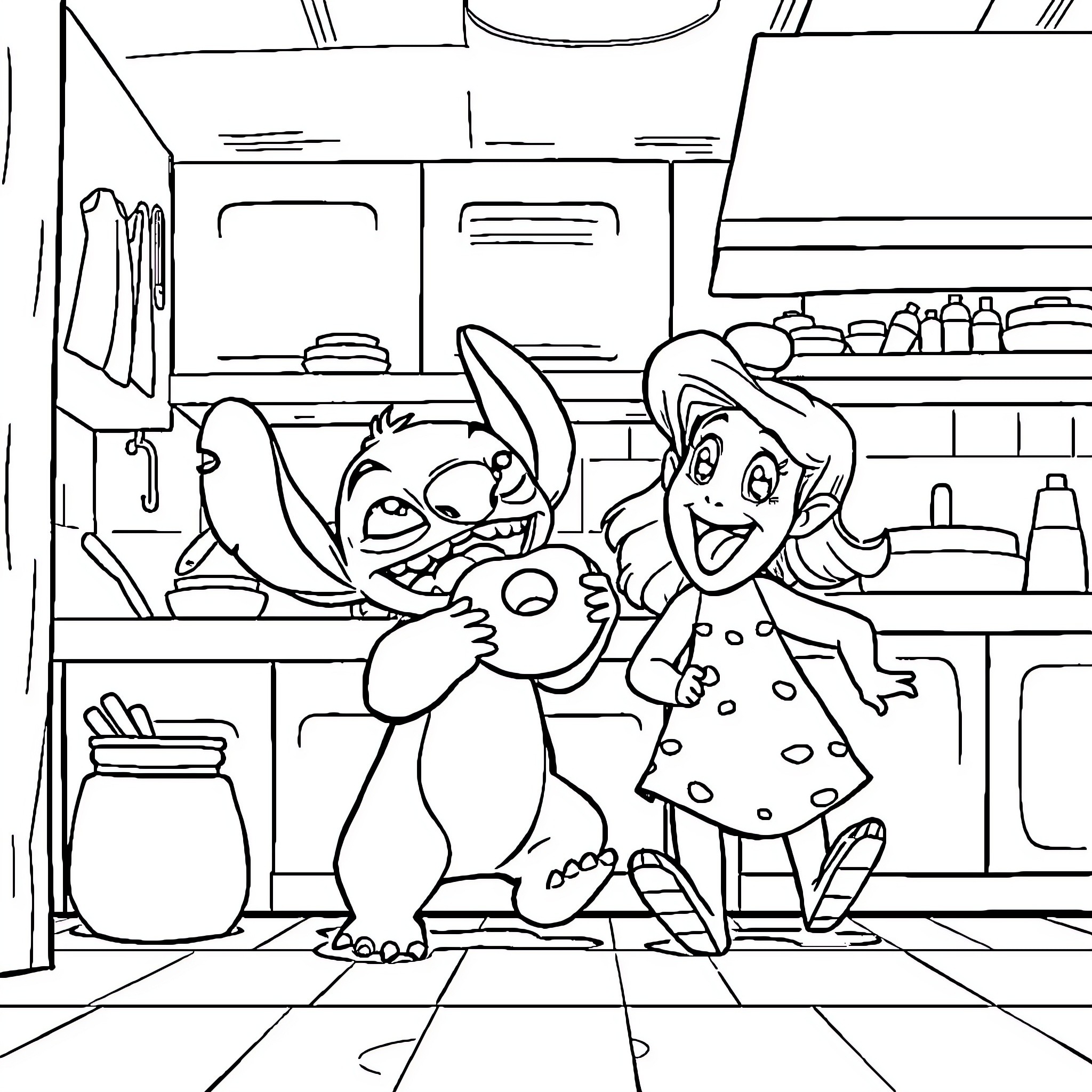 Stitch and Lilo exploring a kitchen Coloring Page (free black-and-white line drawing printable PDF for all, from beginners to advanced learners, including children, teens, adults, and seniors)