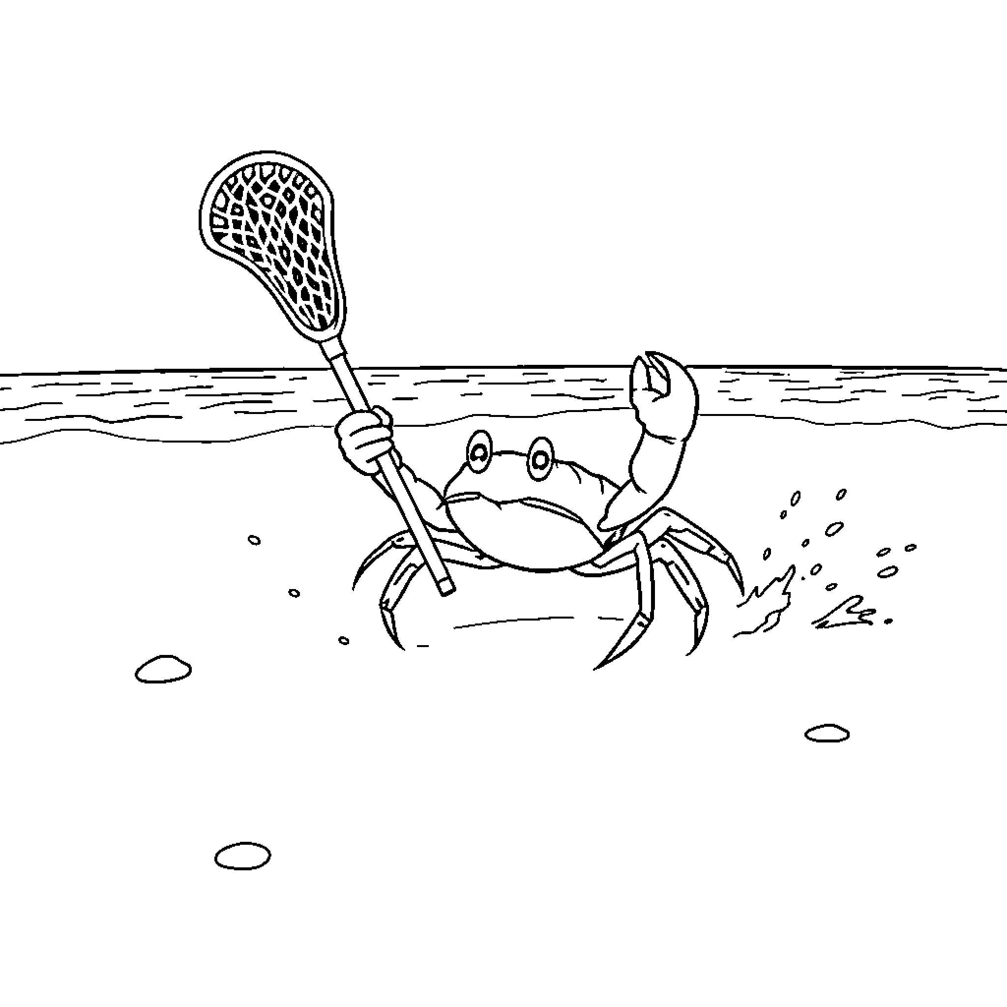 Crab catching a fish with a net Coloring Page (free black-and-white line drawing printable PDF for all, from beginners to advanced learners, including children, teens, adults, and seniors)