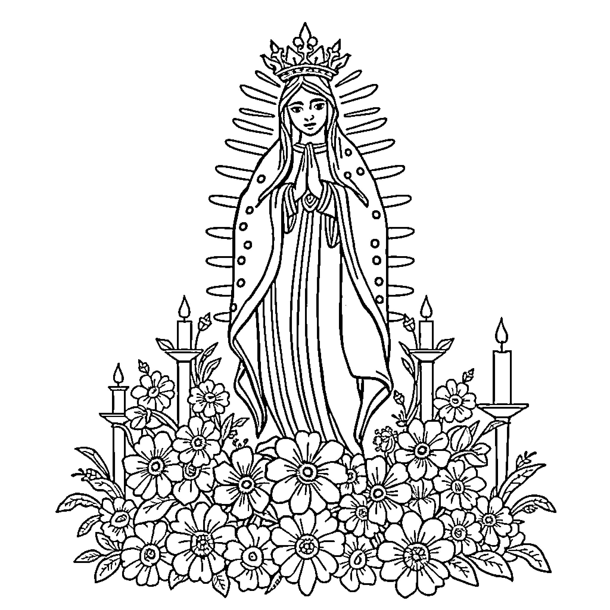 Virgin of Guadalupe adorned with flowers and candles Coloring Page (free black-and-white line drawing printable PDF for all, from beginners to advanced learners, including children, teens, adults, and seniors)