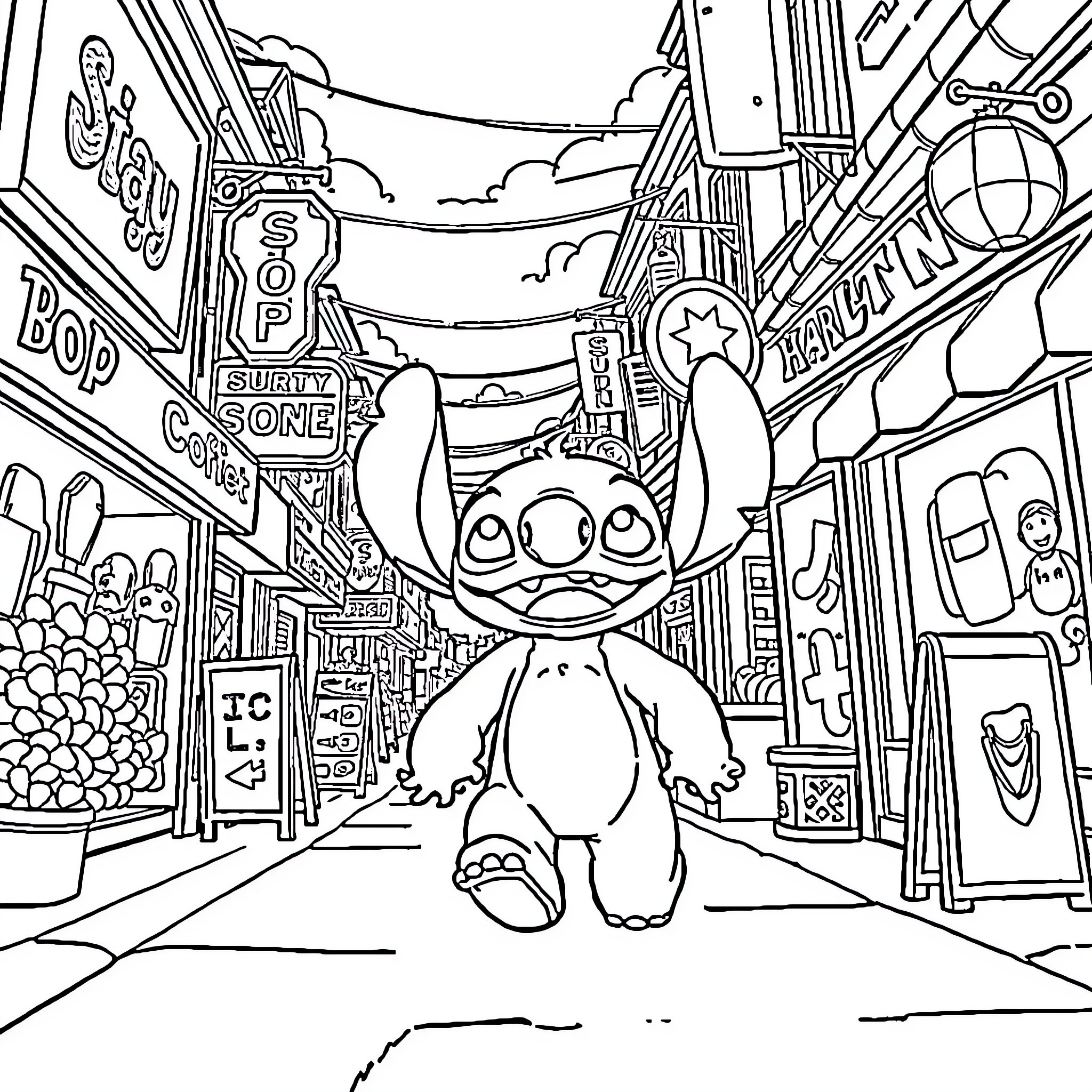 Stitch Exploring a Vibrant Cityscape Coloring Page (free black-and-white line drawing printable PDF for all, from beginners to advanced learners, including children, teens, adults, and seniors)