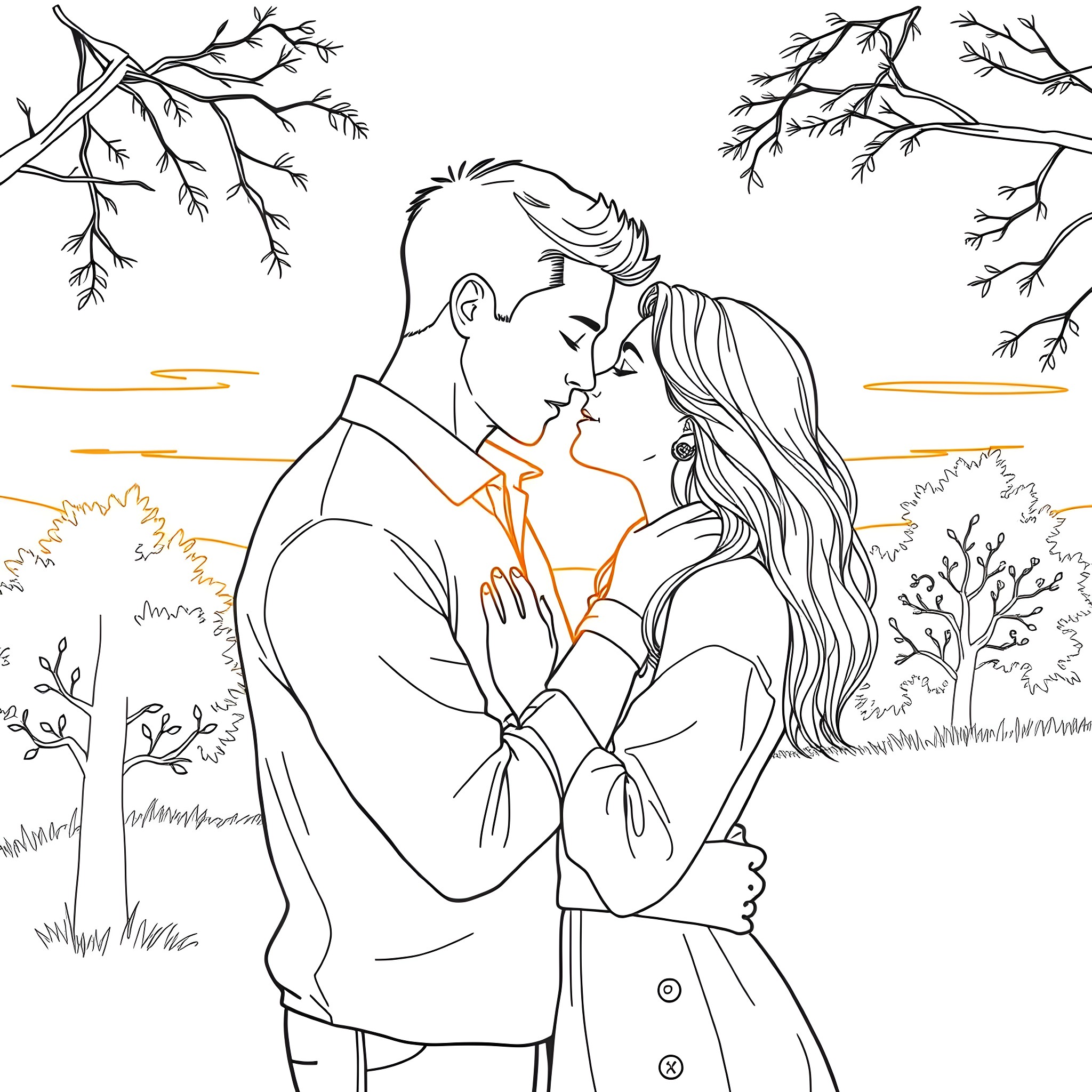Woman embracing man in serene outdoor scene Coloring Page (free black-and-white line drawing printable PDF for all, from beginners to advanced learners, including children, teens, adults, and seniors)