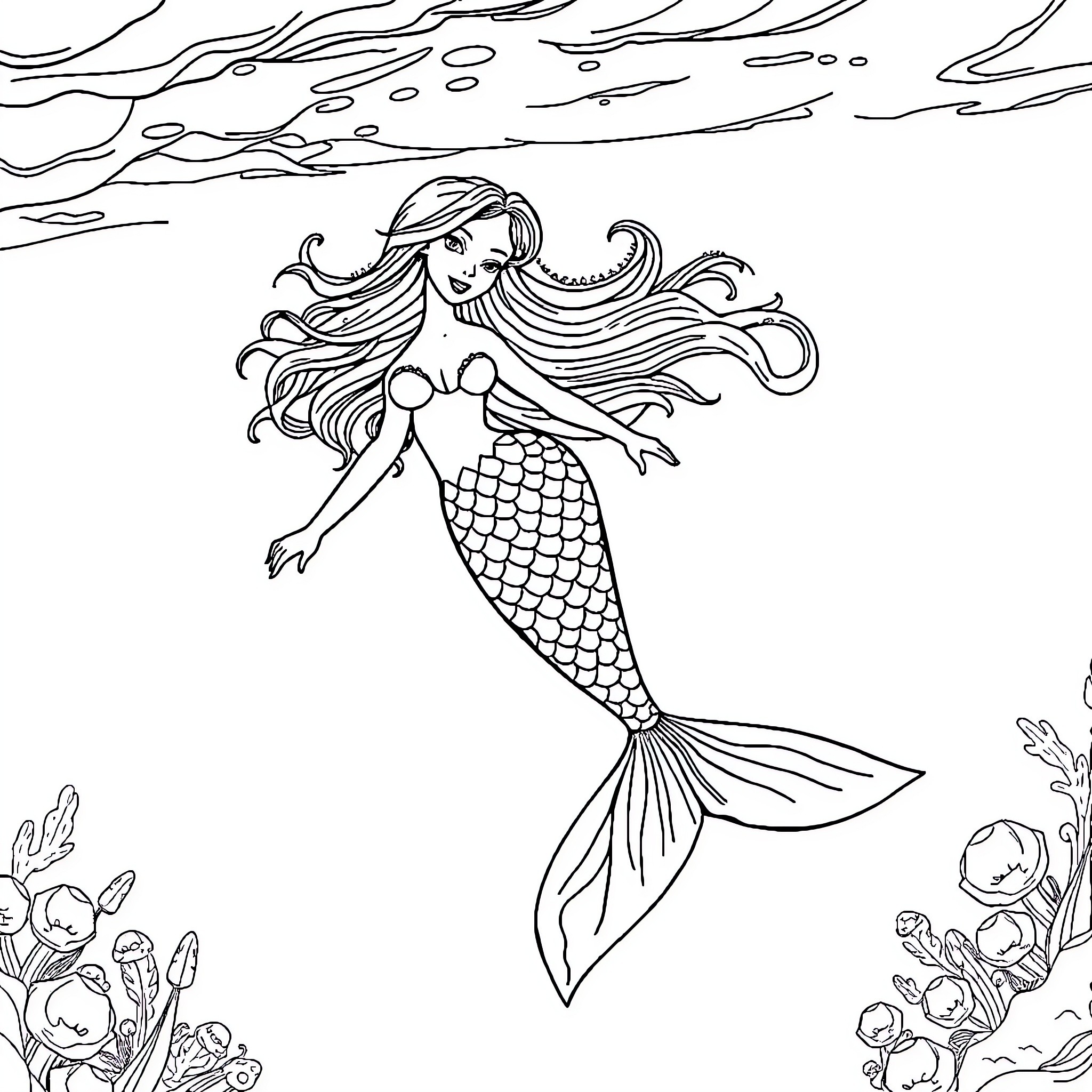 Mermaid swimming gracefully through the ocean Coloring Page (free black-and-white line drawing printable PDF for all, from beginners to advanced learners, including children, teens, adults, and seniors)