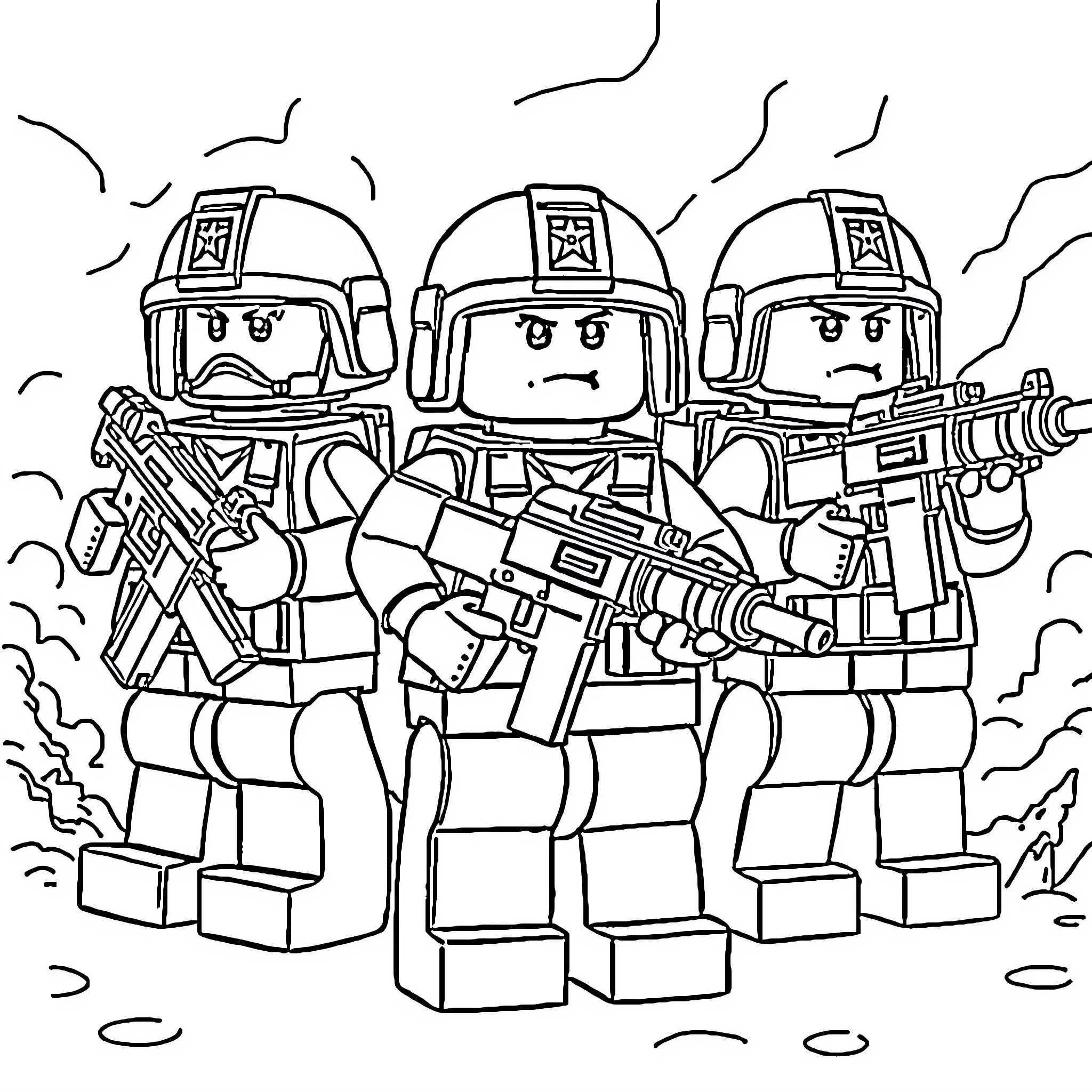 Mexican Special Forces in combat stance with weapons Coloring Page (free black-and-white line drawing printable PDF for all, from beginners to advanced learners, including children, teens, adults, and seniors)