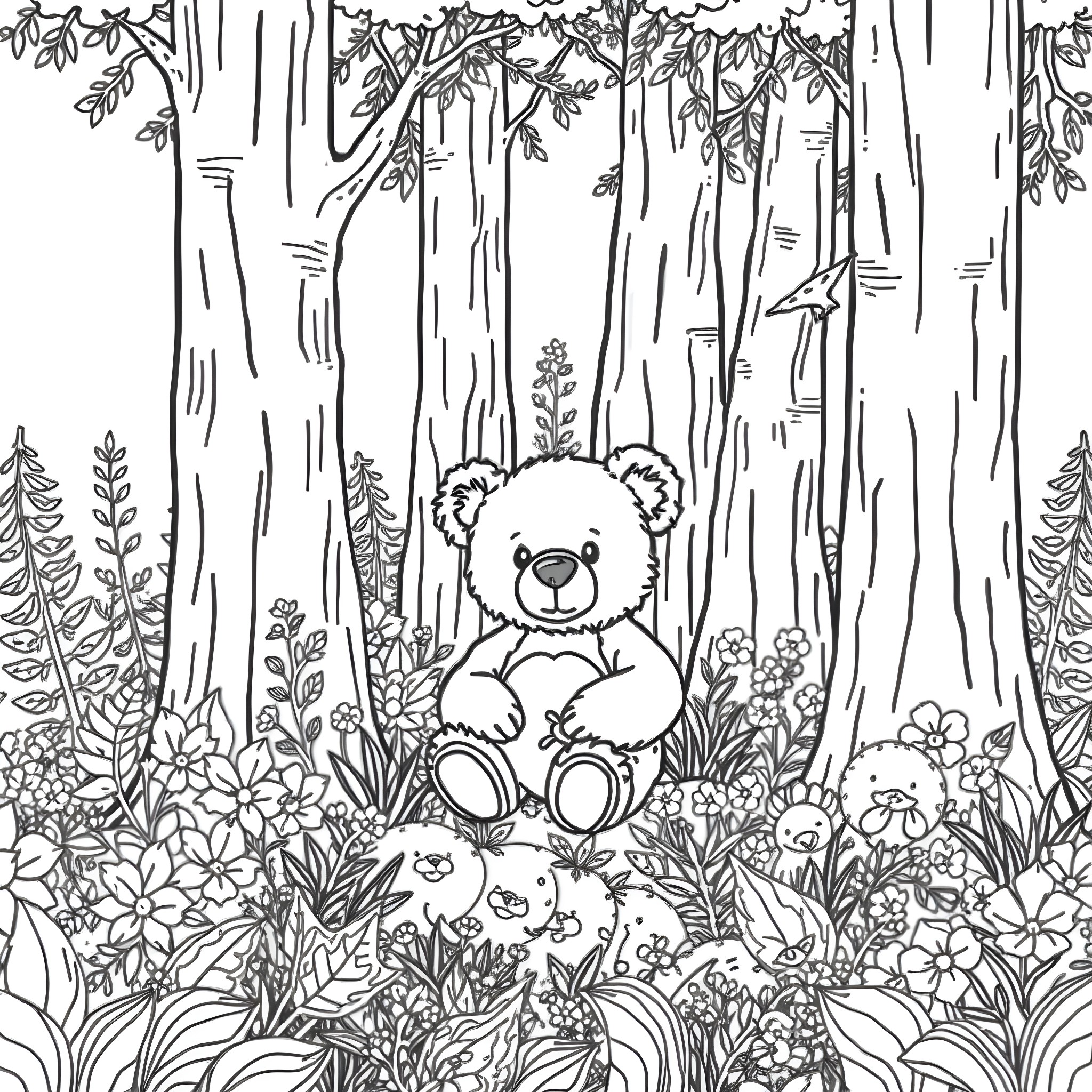 Teddy Bear in a Lush Forest Clearing Coloring Page (free black-and-white line drawing printable PDF for all, from beginners to advanced learners, including children, teens, adults, and seniors)