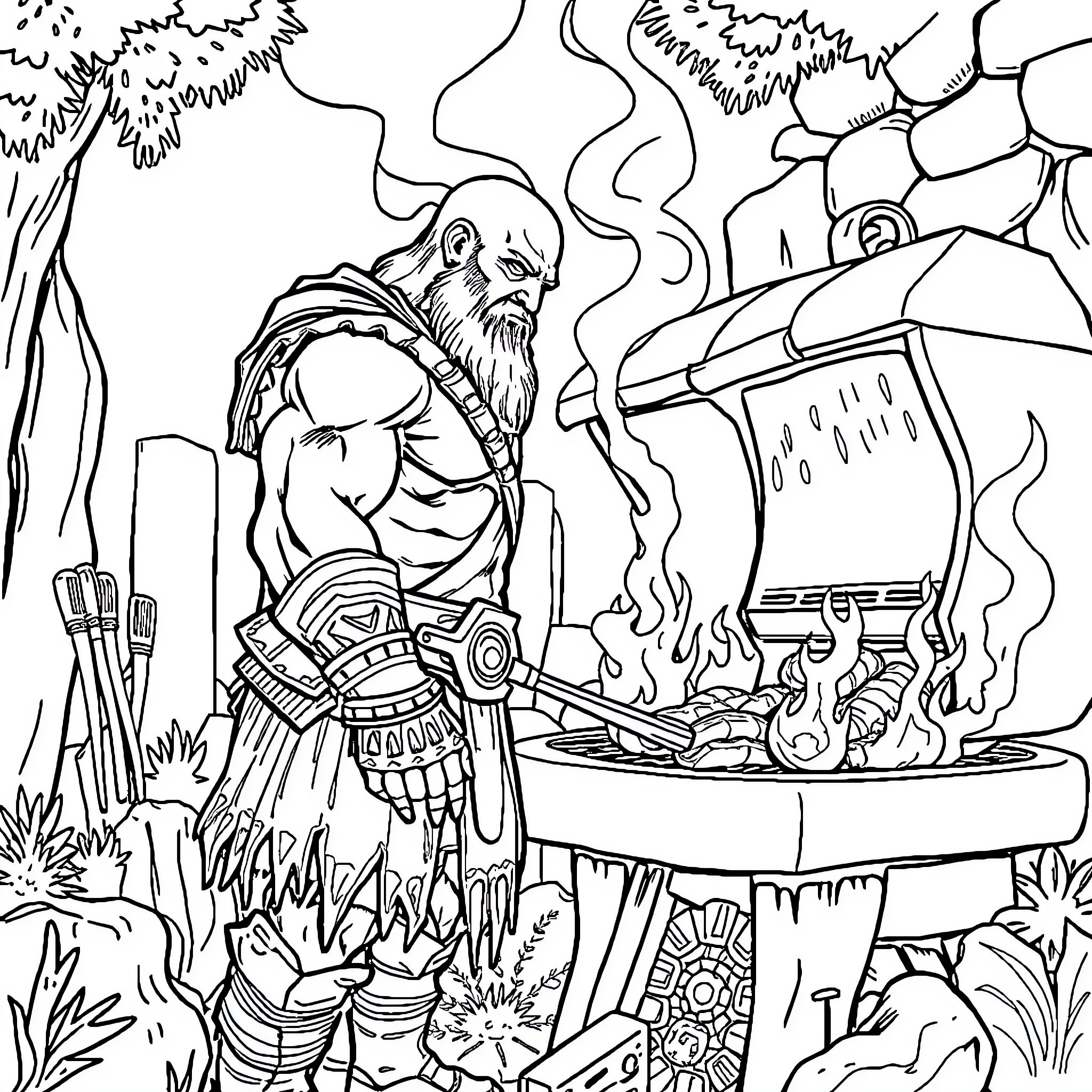 Kratos Grilling Mythical Creatures in the Wilderness Coloring Page (free black-and-white line drawing printable PDF for all, from beginners to advanced learners, including children, teens, adults, and seniors)