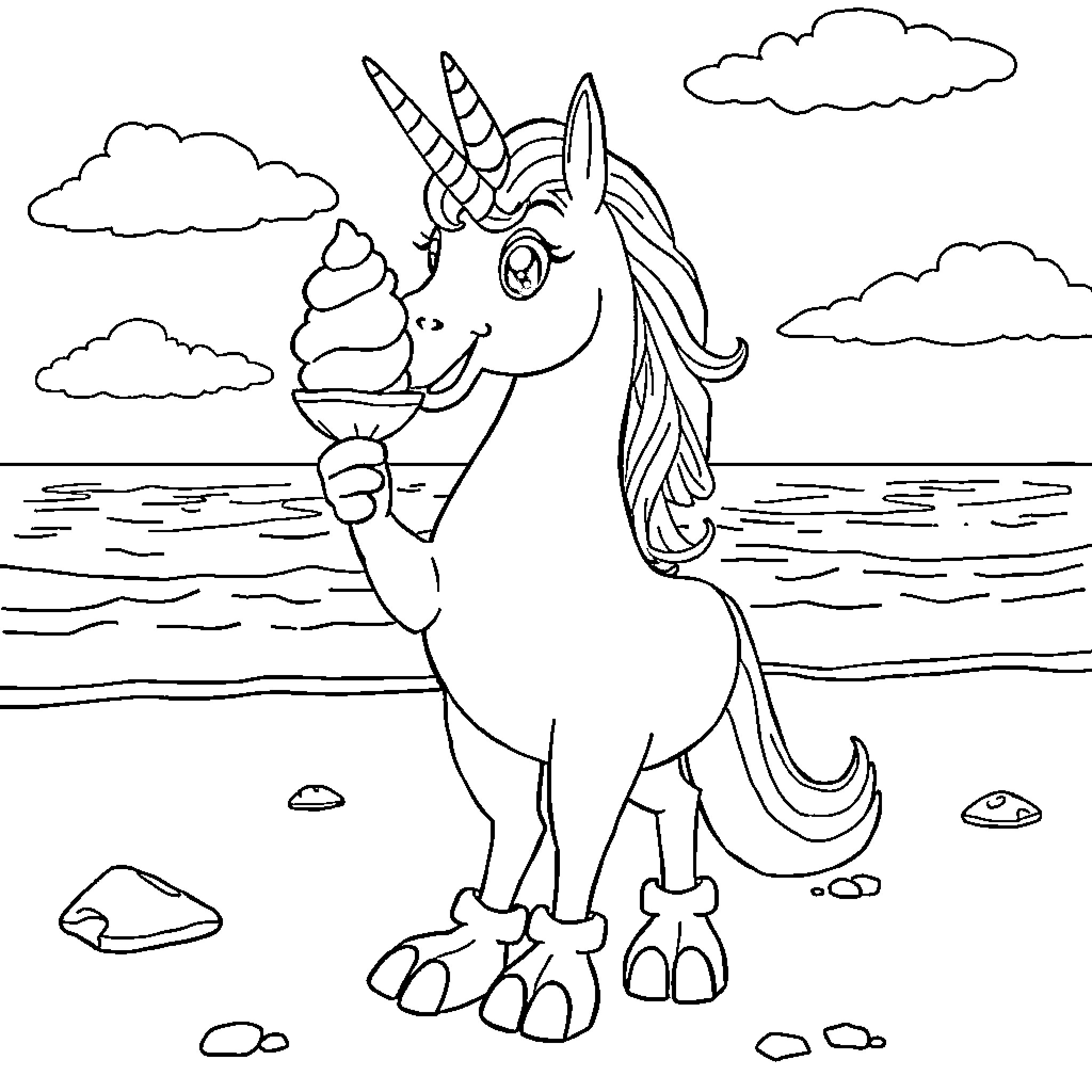Licorne enjoying a day by the sea Coloring Page (free black-and-white line drawing printable PDF for all, from beginners to advanced learners, including children, teens, adults, and seniors)