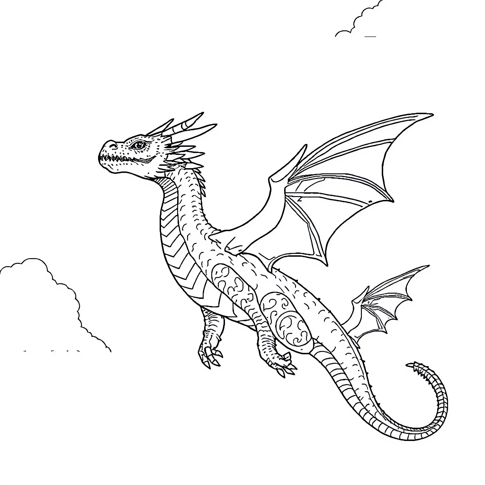Dragon taking flight in the sky Coloring Page (free black-and-white line drawing printable PDF for all, from beginners to advanced learners, including children, teens, adults, and seniors)