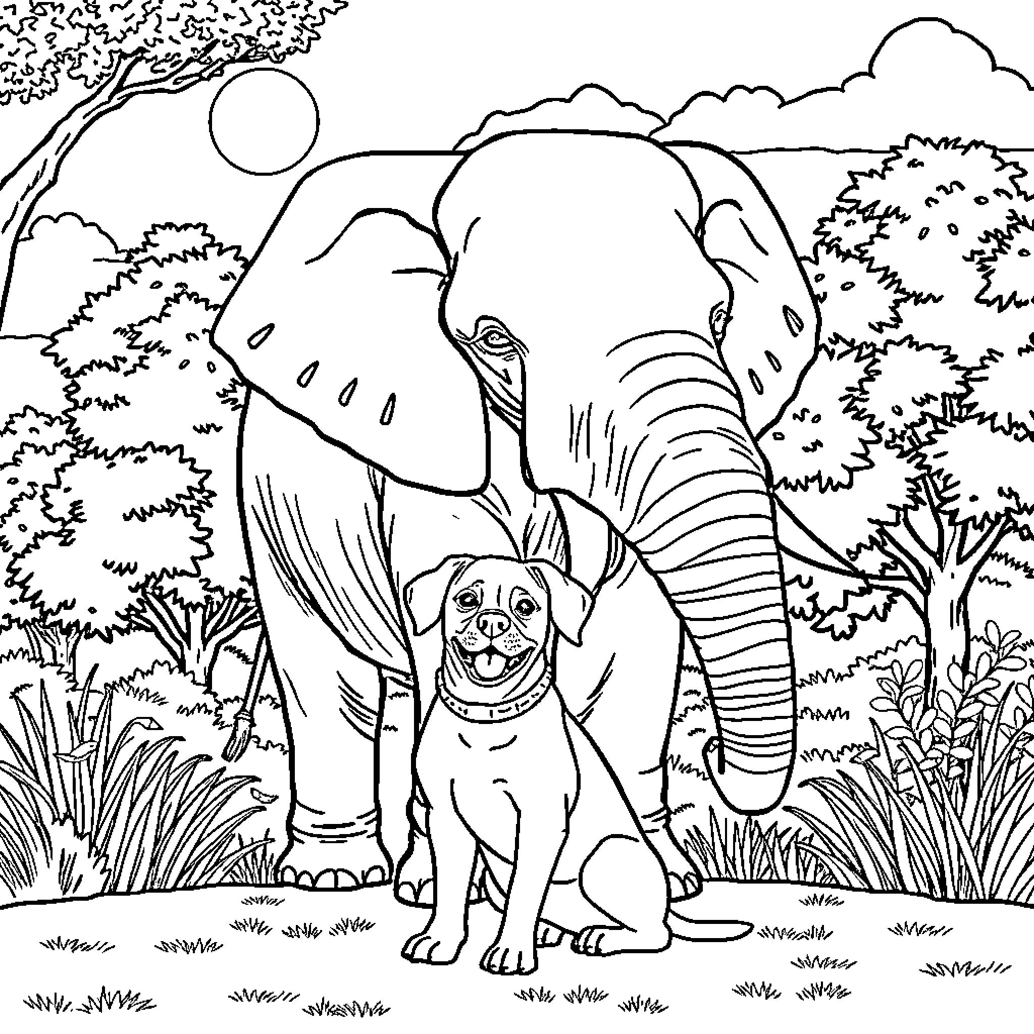 Dog and Elephant Exploring the Wilderness Coloring Page (free black-and-white line drawing printable PDF for all, from beginners to advanced learners, including children, teens, adults, and seniors)