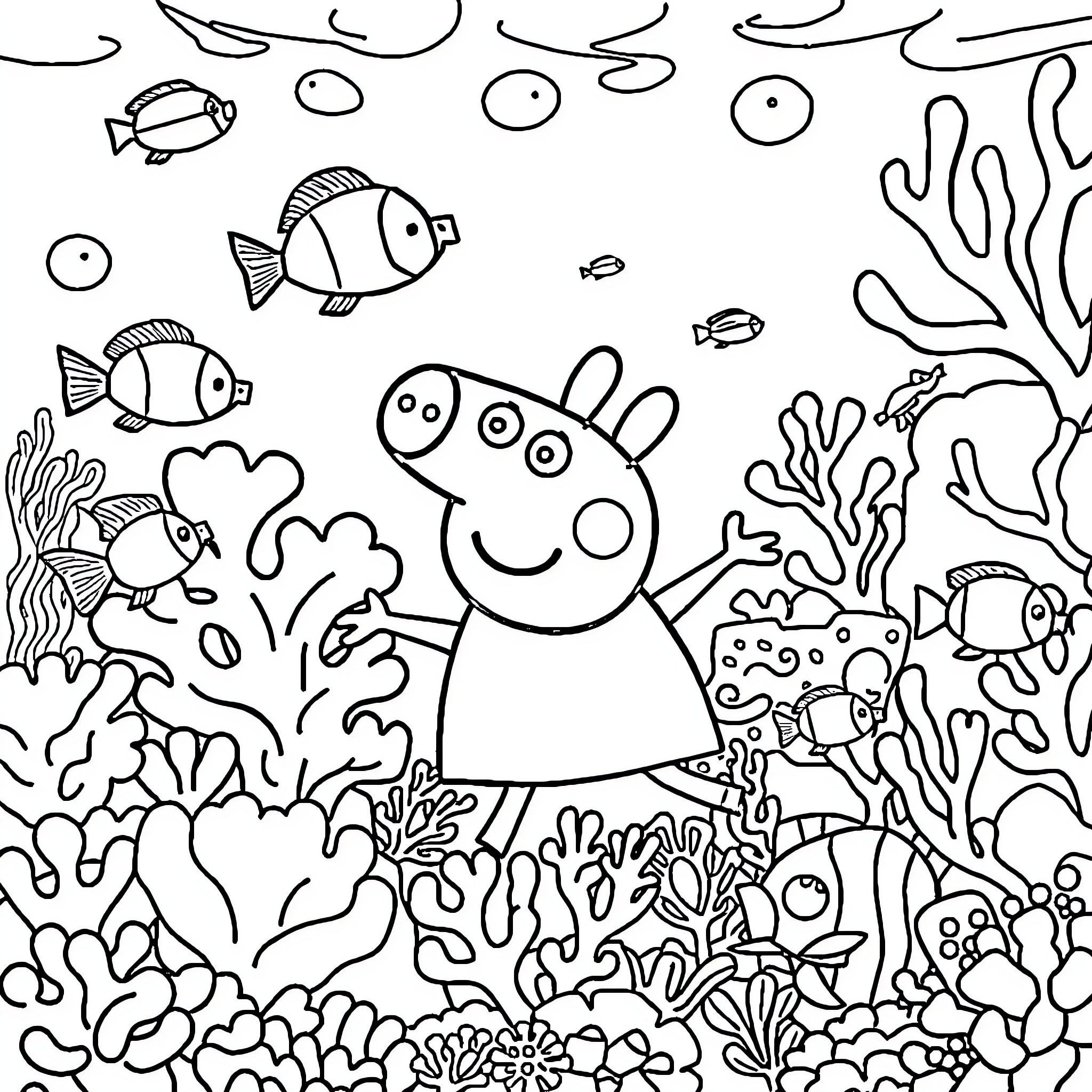 Peppa Pig's underwater adventure with marine creatures Coloring Page (free black-and-white line drawing printable PDF for all, from beginners to advanced learners, including children, teens, adults, and seniors)