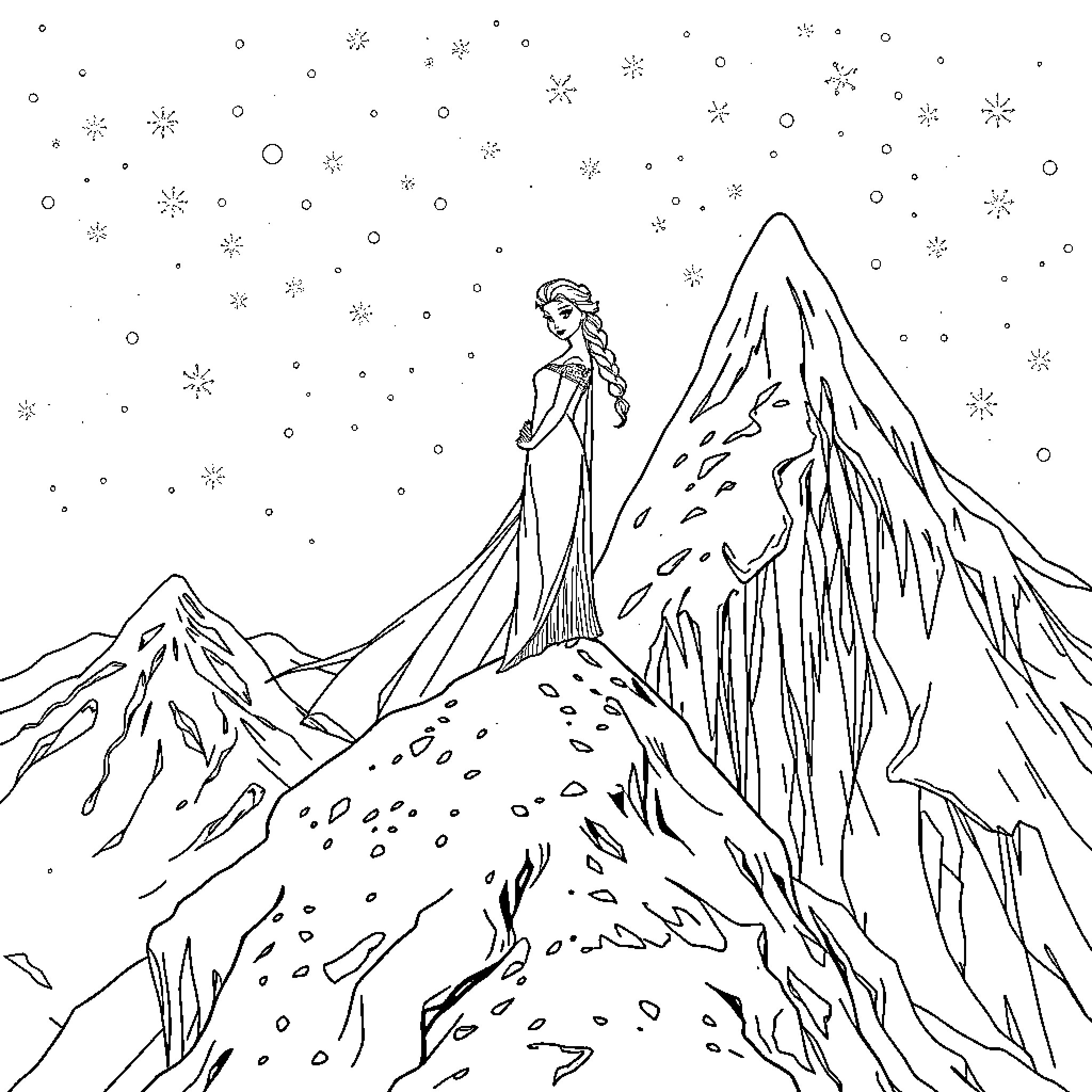 Elsa's Journey Through the Icy Landscape Coloring Page (free black-and-white line drawing printable PDF for all, from beginners to advanced learners, including children, teens, adults, and seniors)
