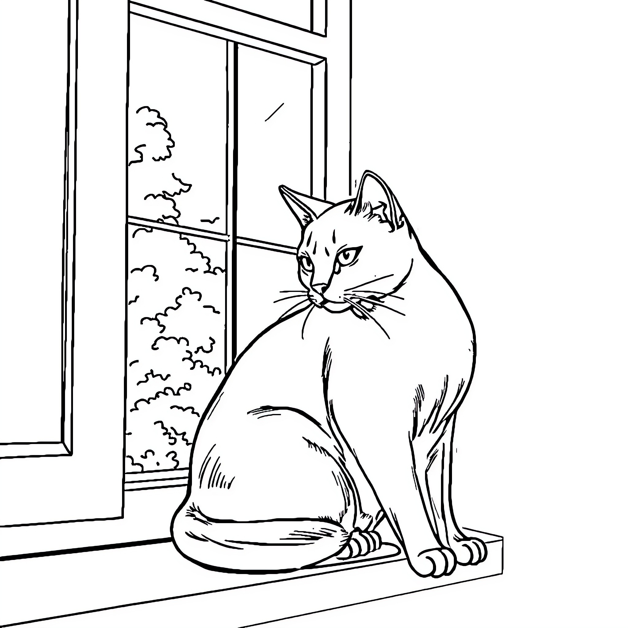 Cat gazing out the window Coloring Page (free black-and-white line drawing printable PDF for all, from beginners to advanced learners, including children, teens, adults, and seniors)
