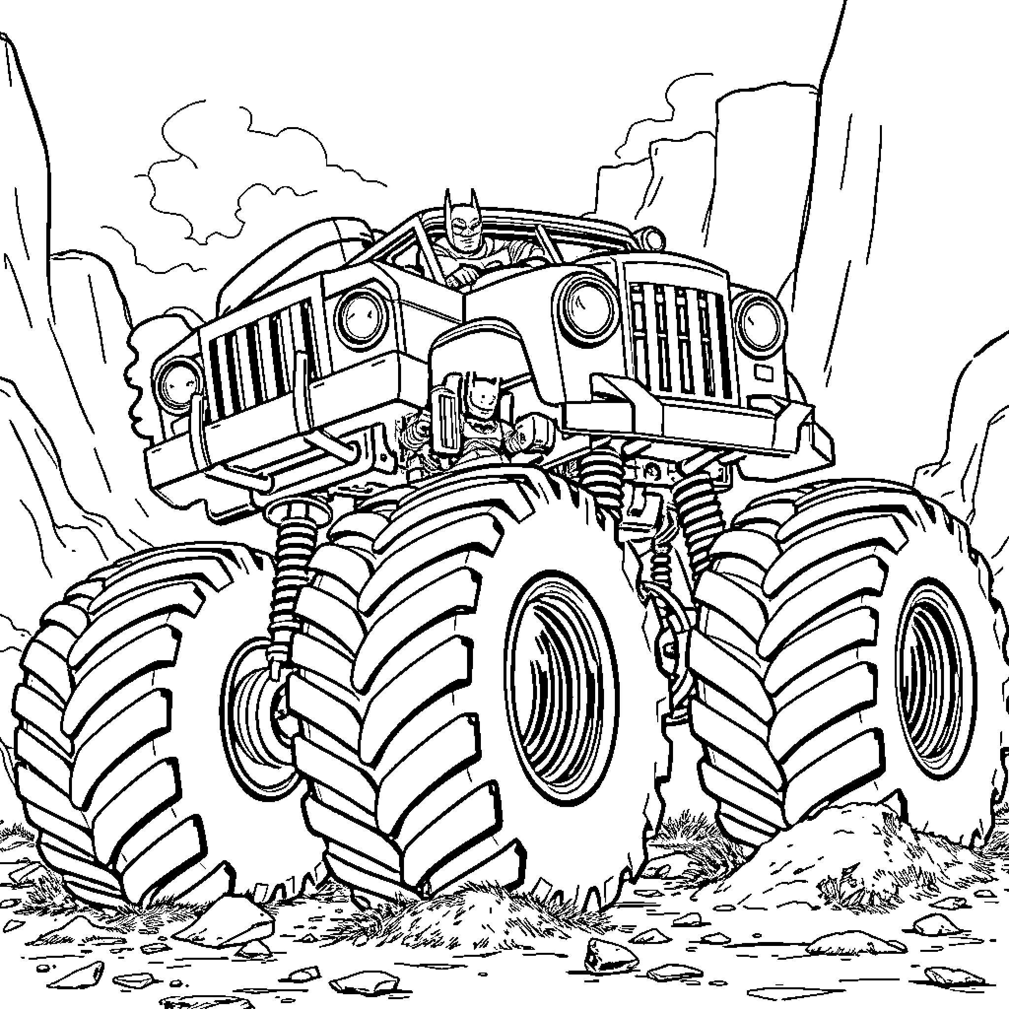 Batman's Monster Truck Traversing Rugged Terrain Coloring Page (free black-and-white line drawing printable PDF for all, from beginners to advanced learners, including children, teens, adults, and seniors)