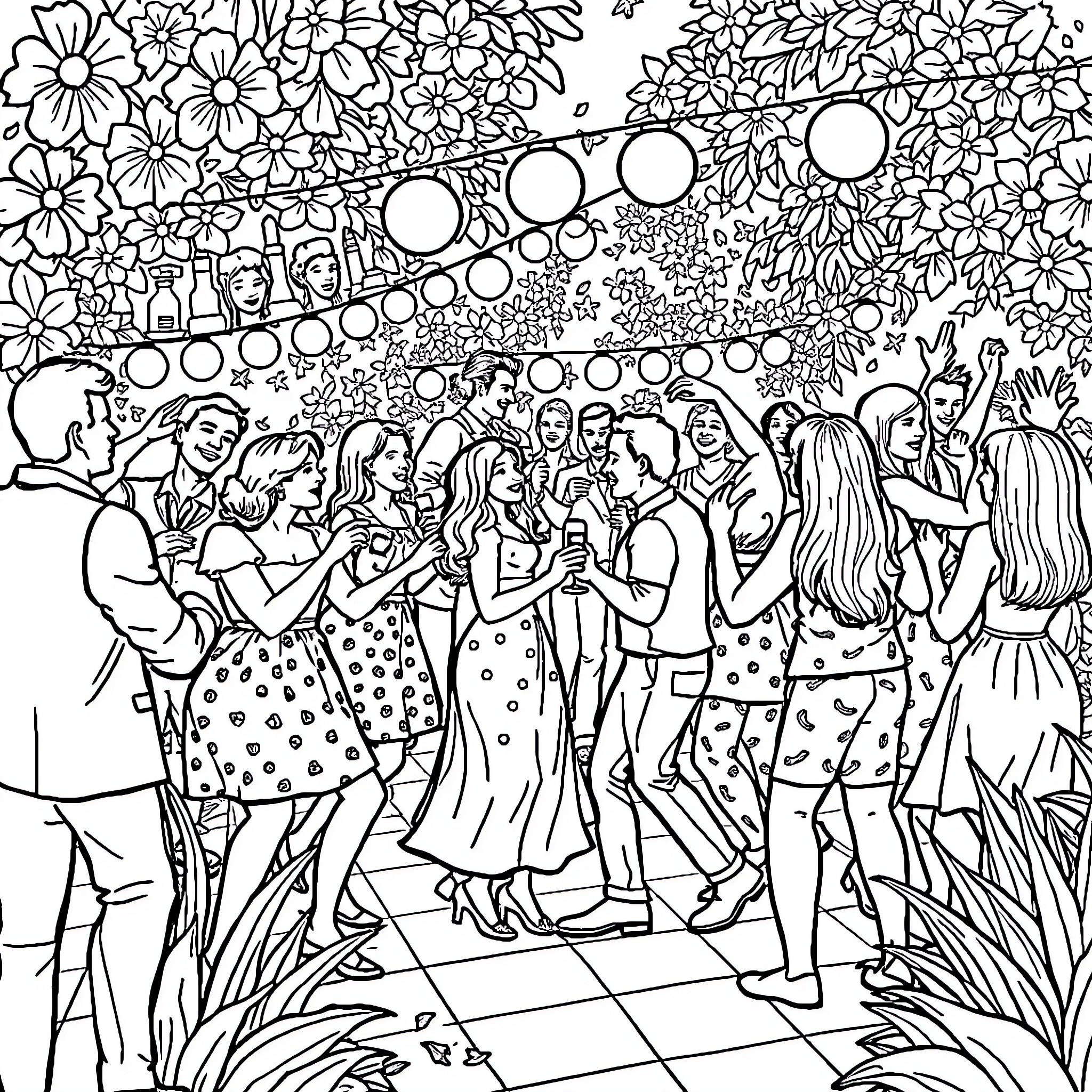 Garden party with a crowd of people in colorful outfits Coloring Page (free black-and-white line drawing printable PDF for all, from beginners to advanced learners, including children, teens, adults, and seniors)