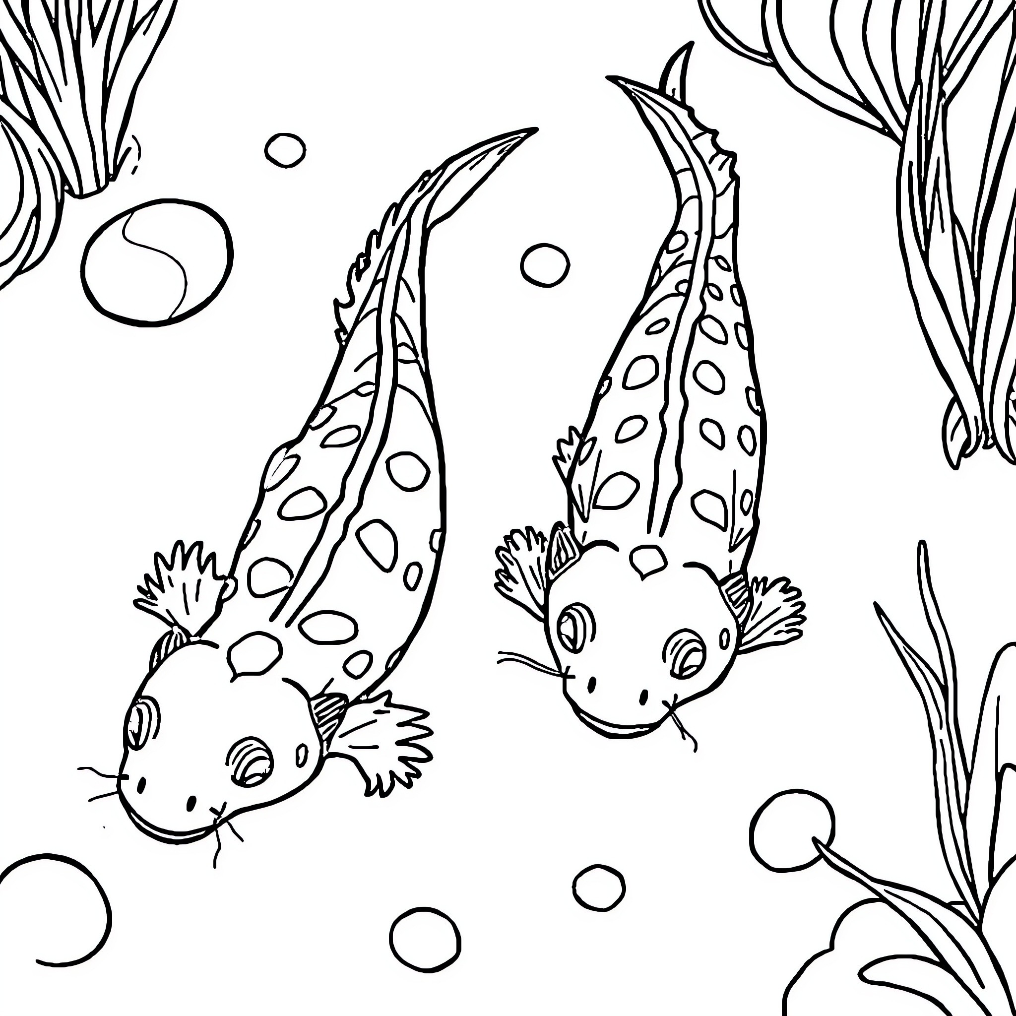 Axolotl swimming playfully in underwater scene Coloring Page (free black-and-white line drawing printable PDF for all, from beginners to advanced learners, including children, teens, adults, and seniors)