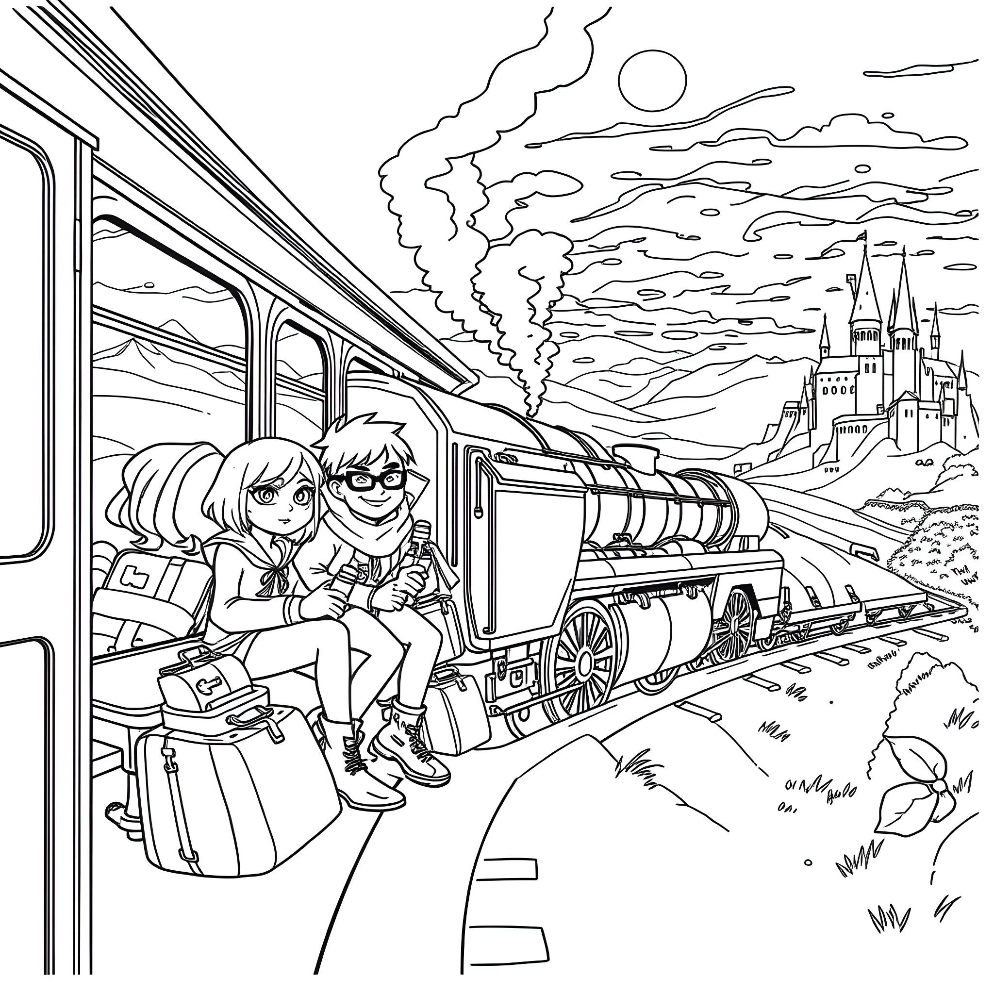 Team Titans on a whimsical railway journey Coloring Page (free black-and-white line drawing printable PDF for all, from beginners to advanced learners, including children, teens, adults, and seniors)