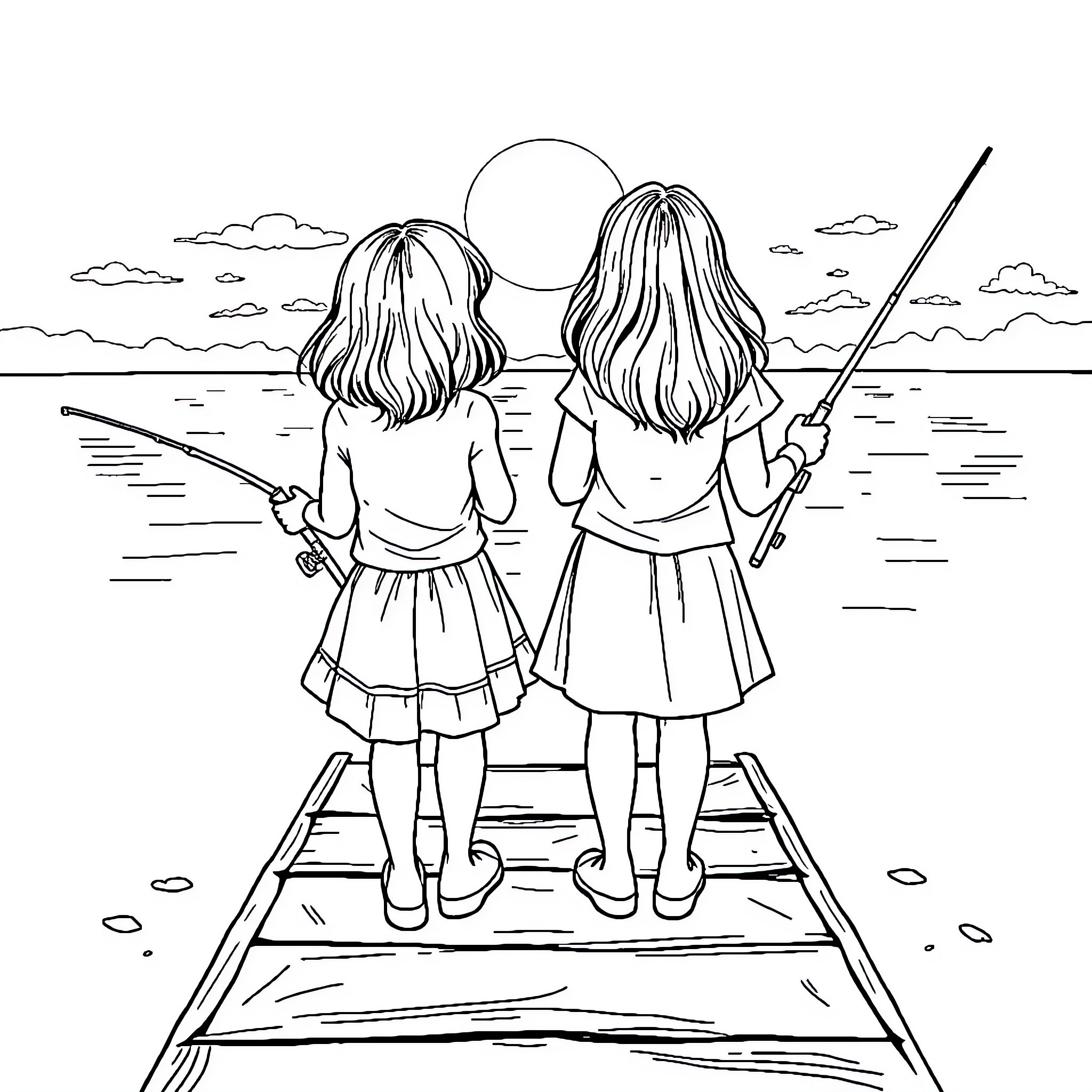 Sisters enjoying fishing on the lake Coloring Page (free black-and-white line drawing printable PDF for all, from beginners to advanced learners, including children, teens, adults, and seniors)