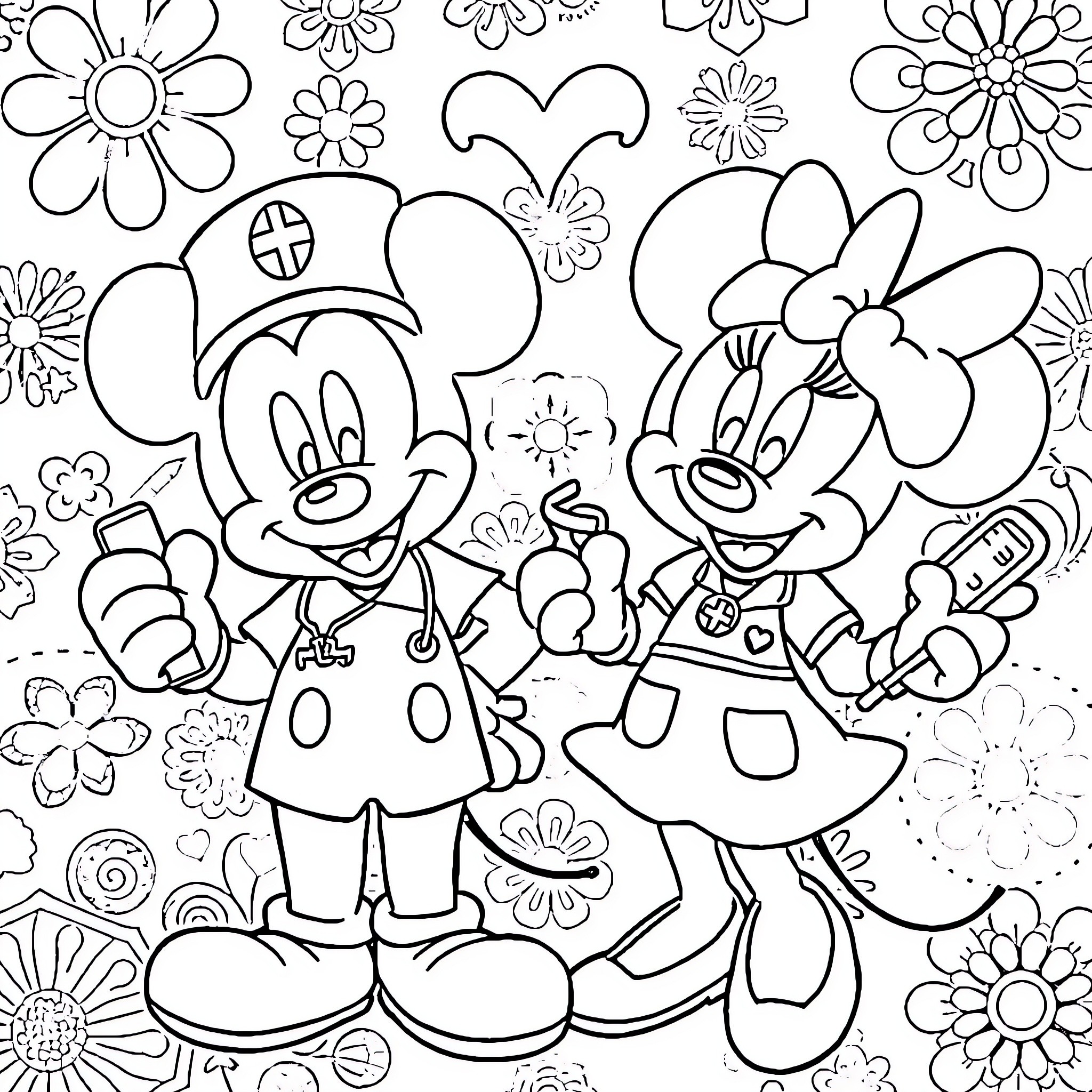 Mickey Mouse and Minnie Mouse in Flower Garden Coloring Page (free black-and-white line drawing printable PDF for all, from beginners to advanced learners, including children, teens, adults, and seniors)