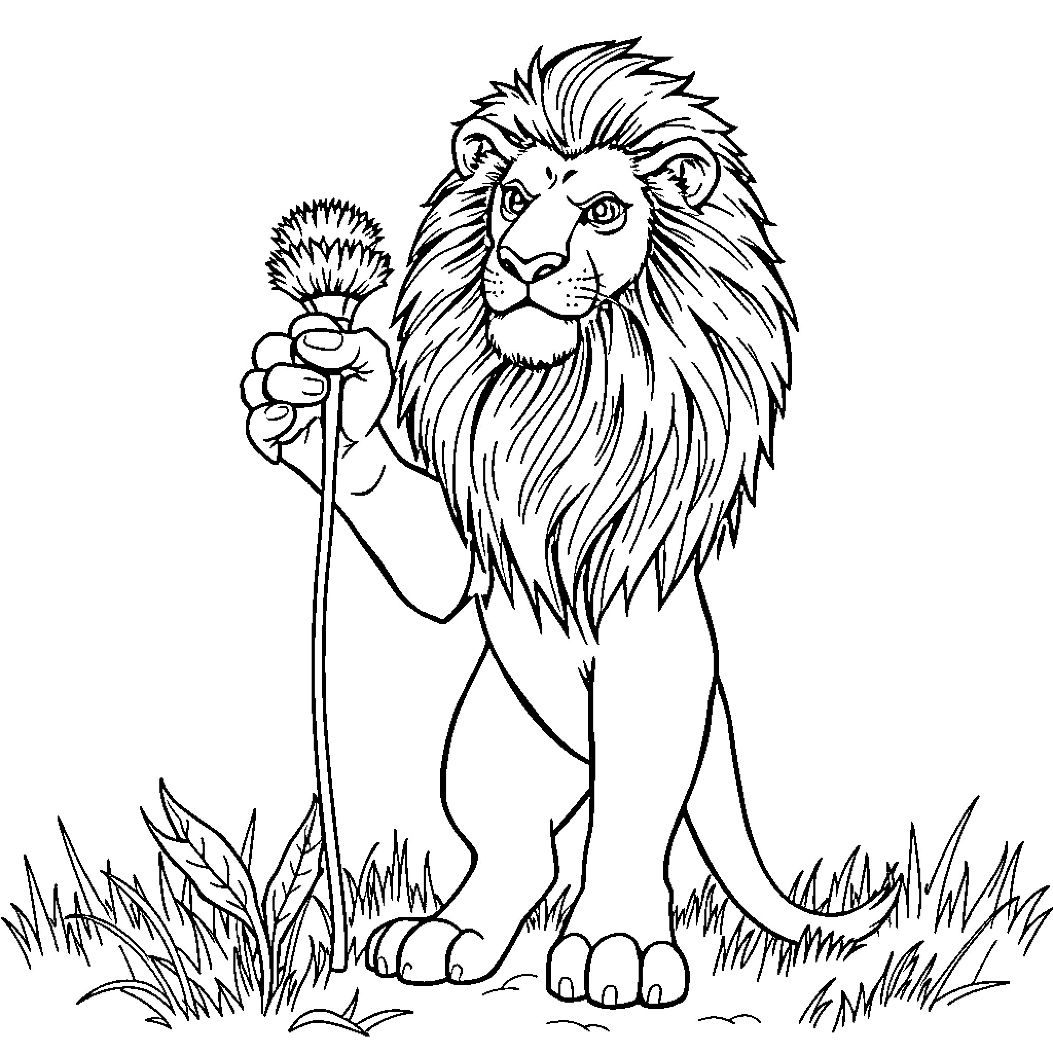 Lion proudly standing in the wild Coloring Page (free black-and-white line drawing printable PDF for all, from beginners to advanced learners, including children, teens, adults, and seniors)