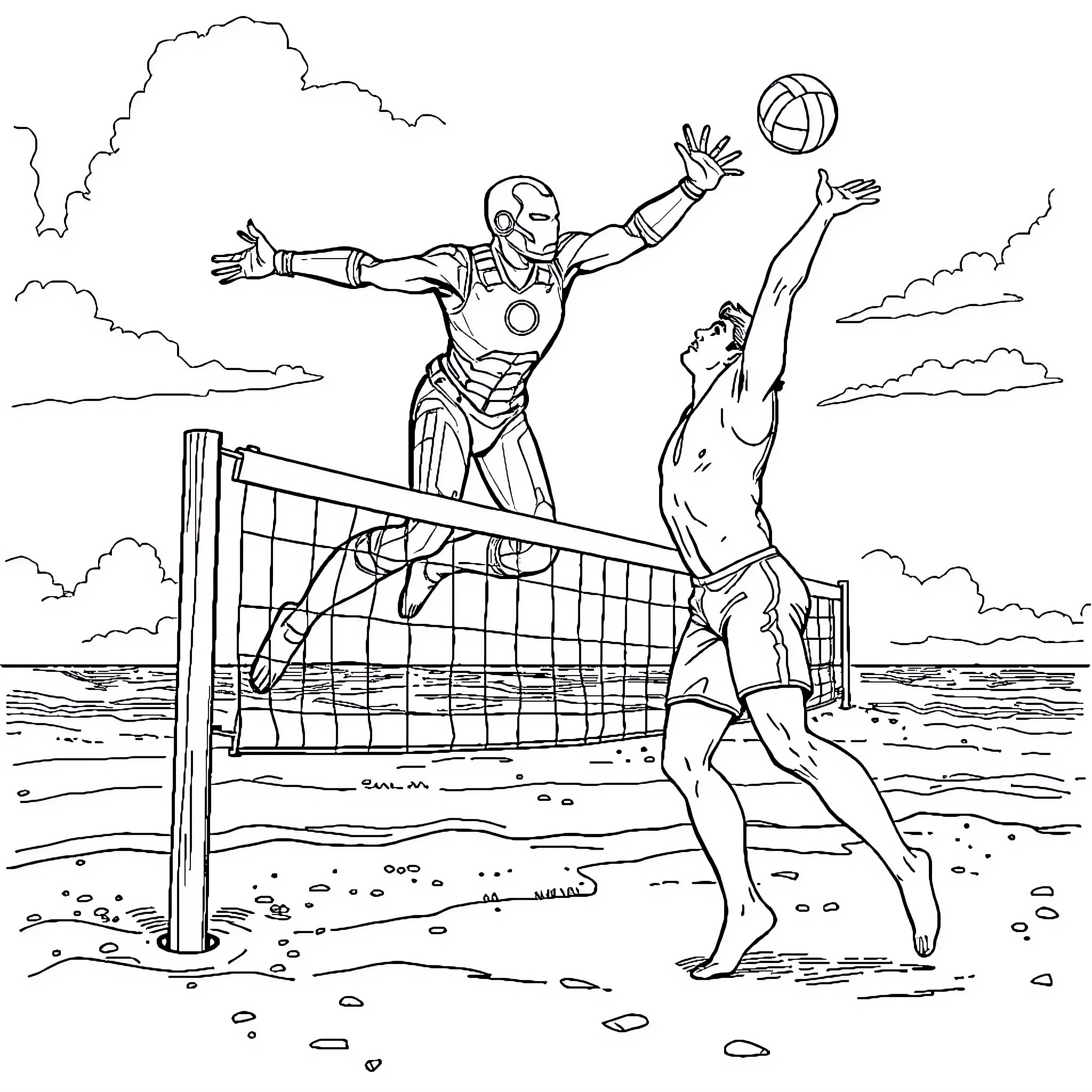 Man playing energetic volleyball match on the beach Coloring Page (free black-and-white line drawing printable PDF for all, from beginners to advanced learners, including children, teens, adults, and seniors)