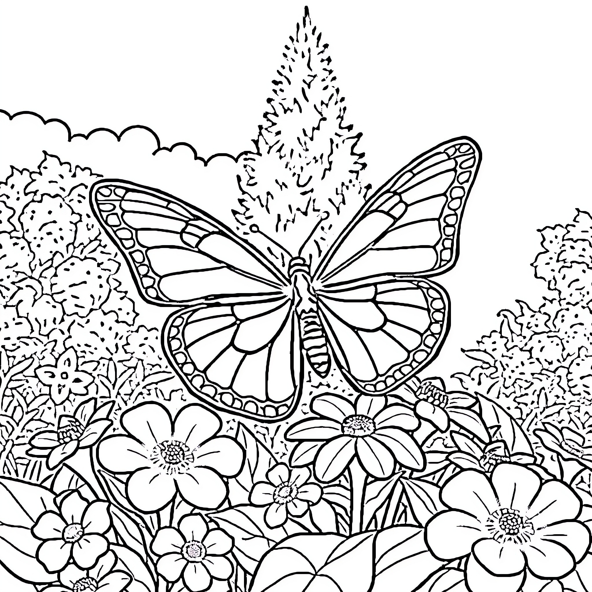 Butterfly resting amidst vibrant garden flowers Coloring Page (free black-and-white line drawing printable PDF for all, from beginners to advanced learners, including children, teens, adults, and seniors)