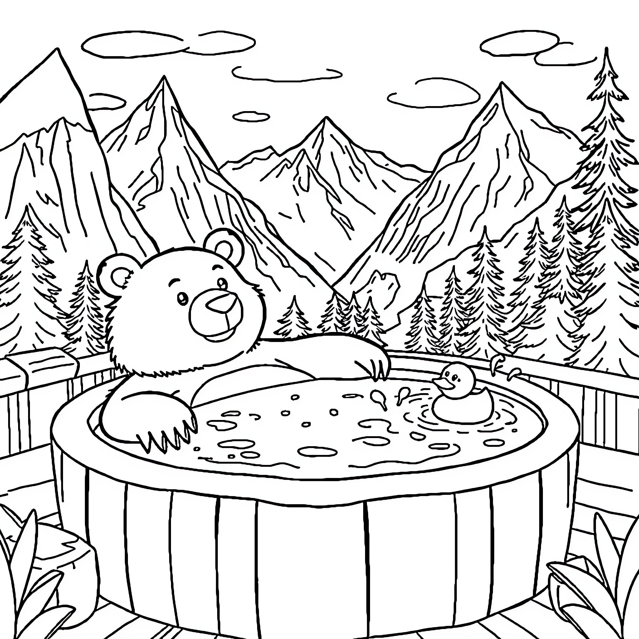 Bear relaxing in a hot tub in the mountains Coloring Page (free black-and-white line drawing printable PDF for all, from beginners to advanced learners, including children, teens, adults, and seniors)
