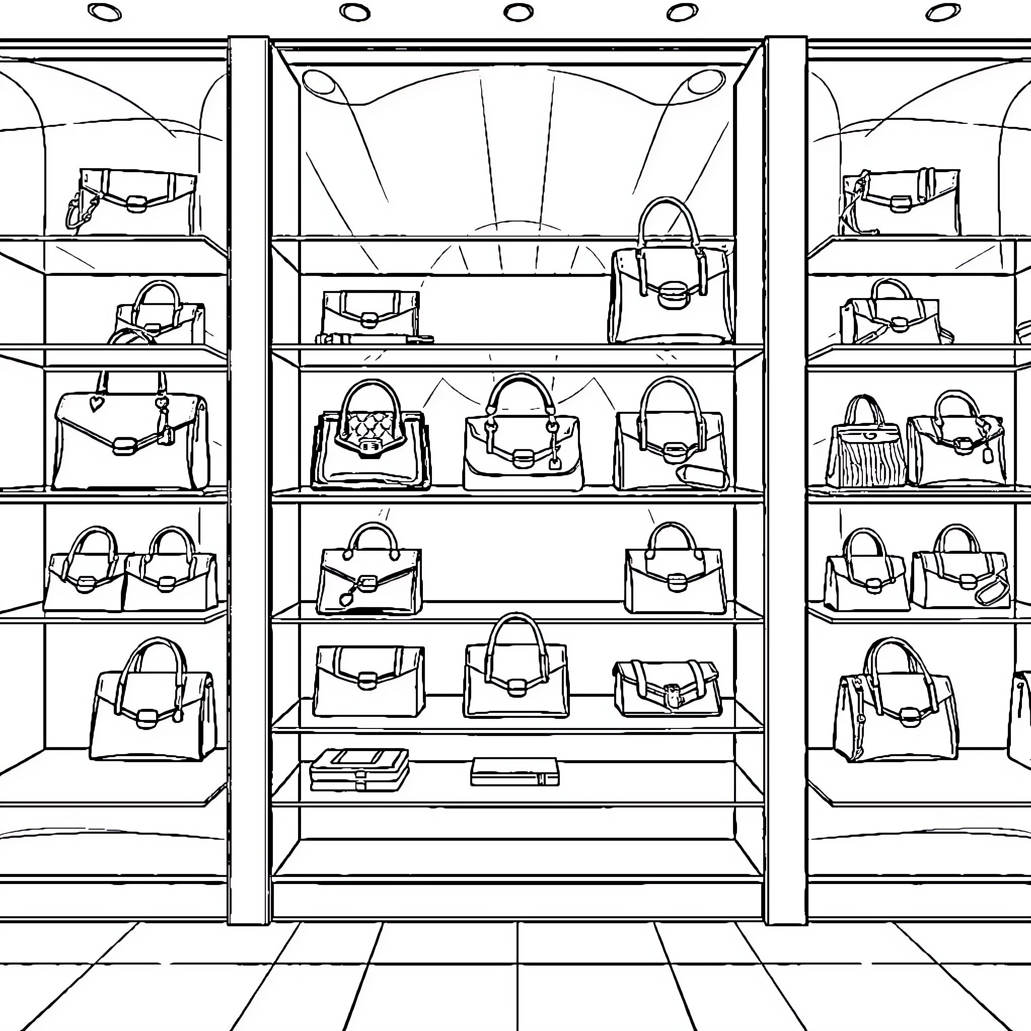 Bag displays in a retail store Coloring Page (free black-and-white line drawing printable PDF for all, from beginners to advanced learners, including children, teens, adults, and seniors)