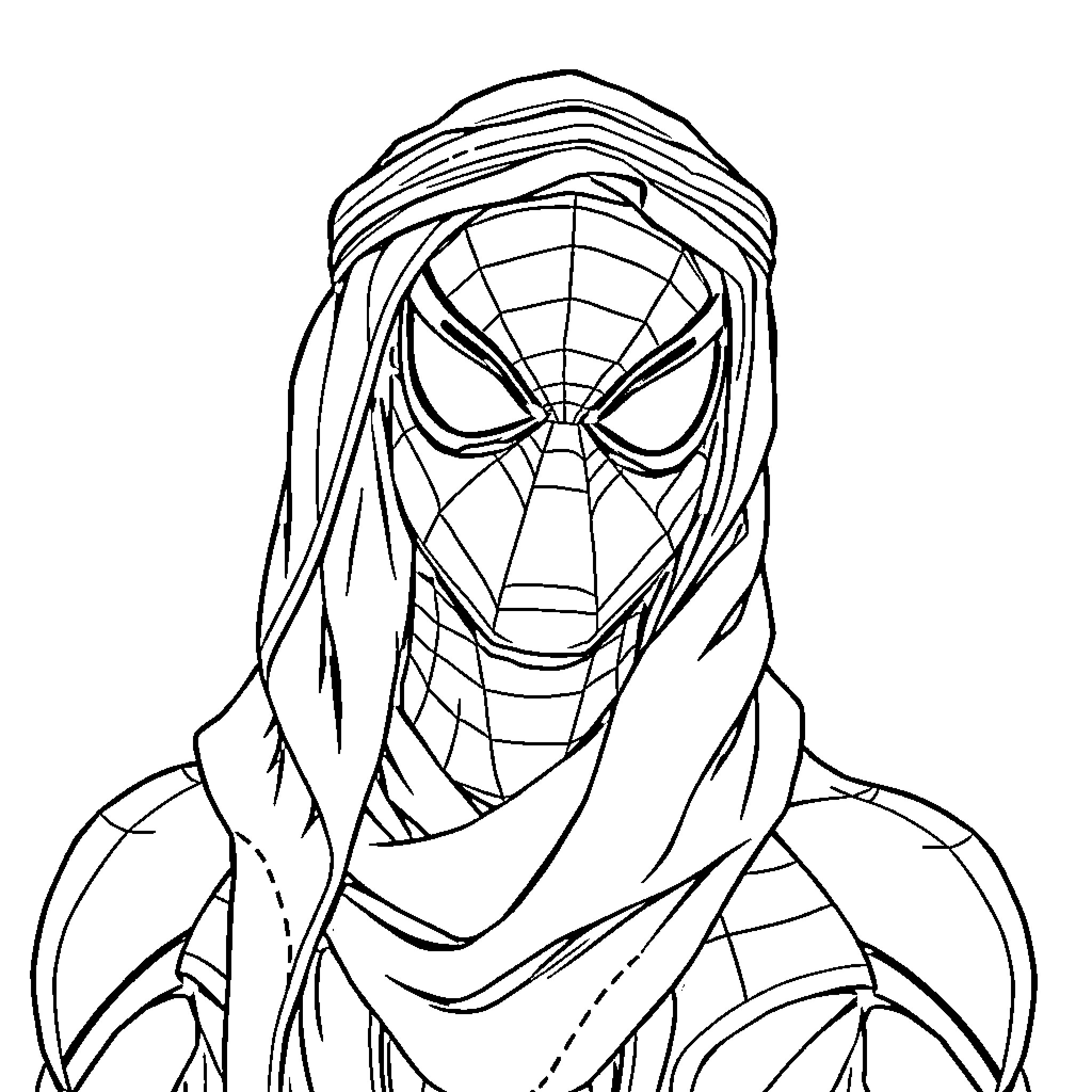 Spider-Man in dramatic heroic pose Coloring Page (free black-and-white line drawing printable PDF for all, from beginners to advanced learners, including children, teens, adults, and seniors)