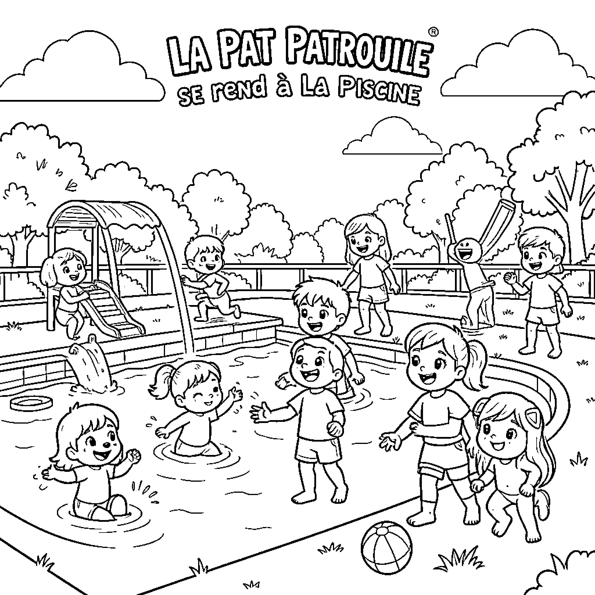 Patrouille playing and splashing in the swimming pool Coloring Page (free black-and-white line drawing printable PDF for all, from beginners to advanced learners, including children, teens, adults, and seniors)