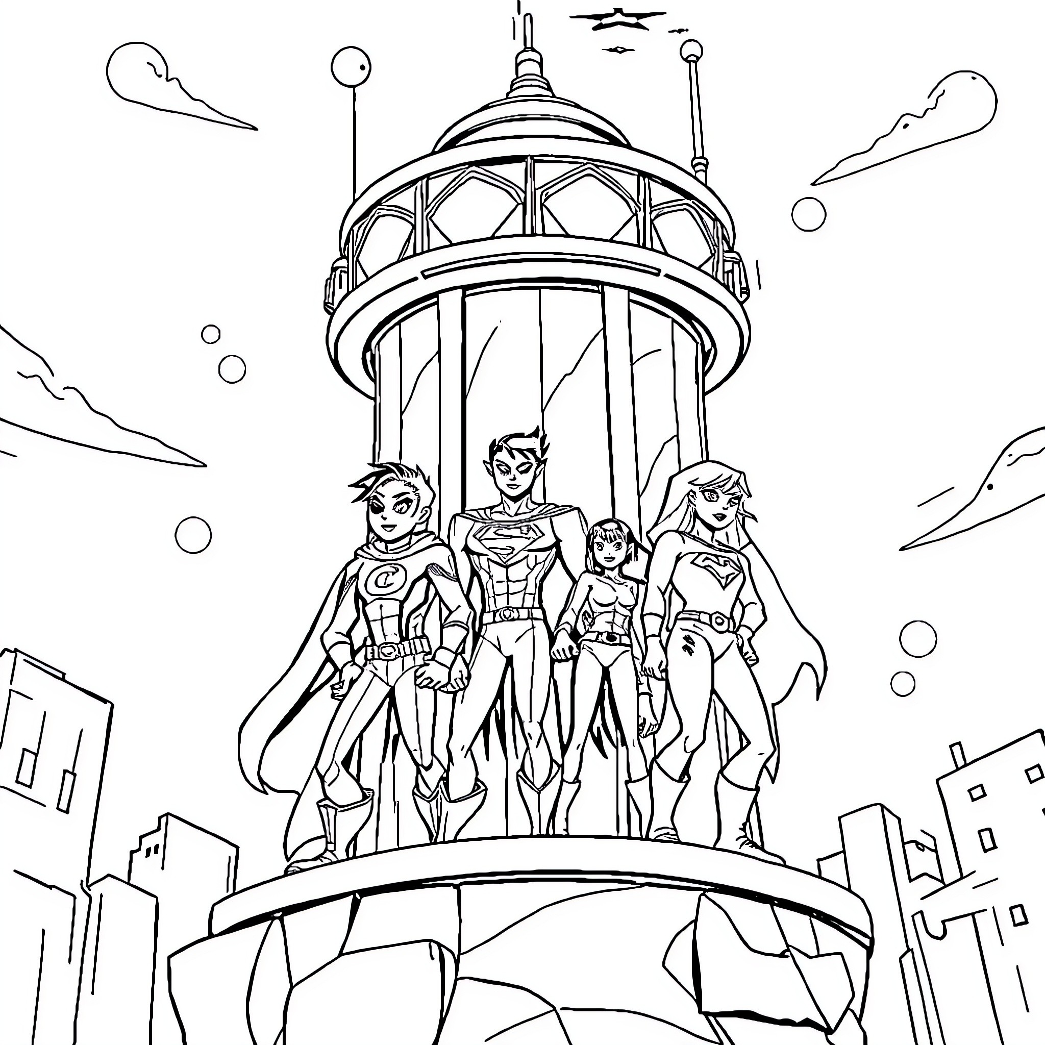 Teen Titans Heroic Gathering in Futuristic City Coloring Page (free black-and-white line drawing printable PDF for all, from beginners to advanced learners, including children, teens, adults, and seniors)