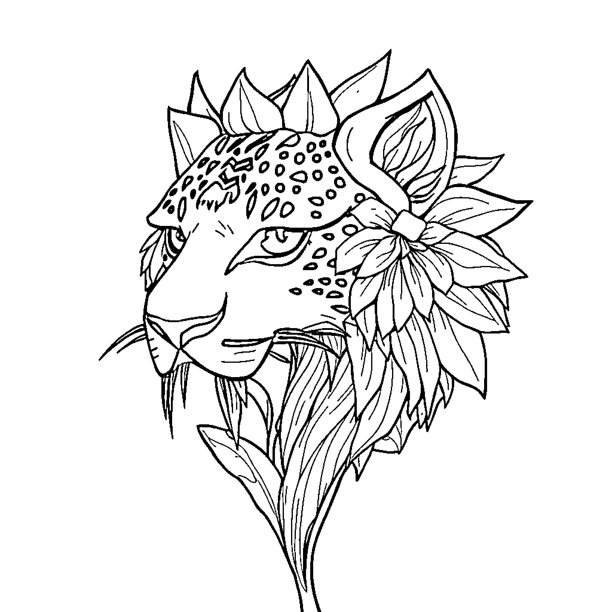 Stitch of Exotic Animal in Floral Surroundings Coloring Page (free black-and-white line drawing printable PDF for all, from beginners to advanced learners, including children, teens, adults, and seniors)