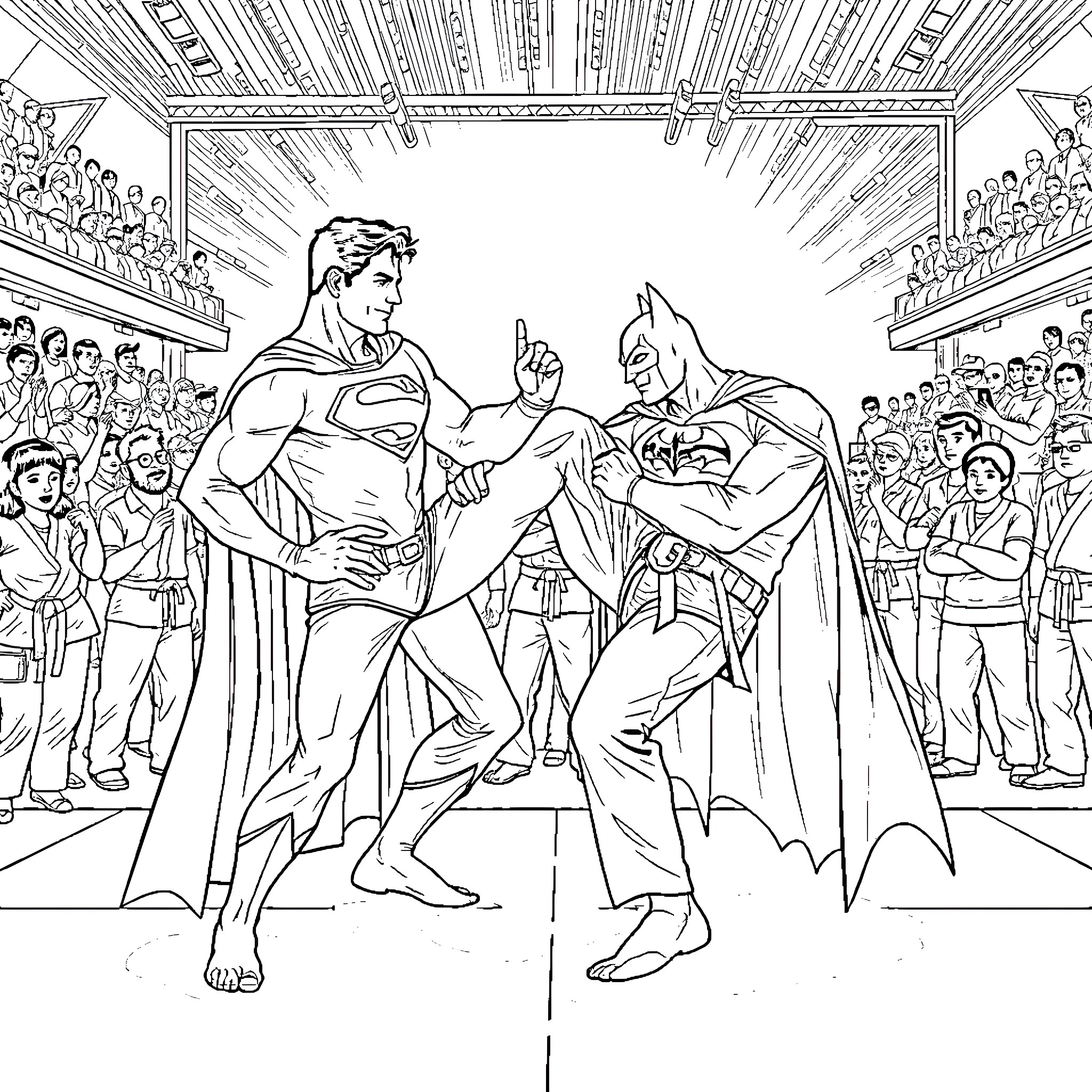 Superman and Batman Facing Off in Epic Battle Coloring Page (free black-and-white line drawing printable PDF for all, from beginners to advanced learners, including children, teens, adults, and seniors)