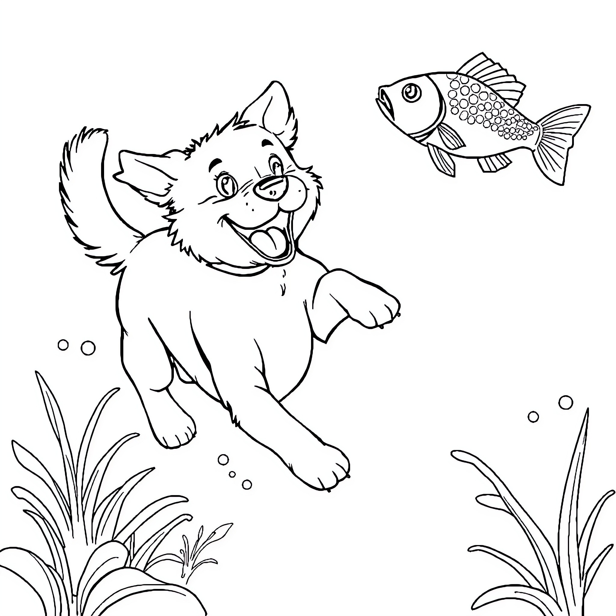 Dog playing happily with fish in the pond Coloring Page (free black-and-white line drawing printable PDF for all, from beginners to advanced learners, including children, teens, adults, and seniors)