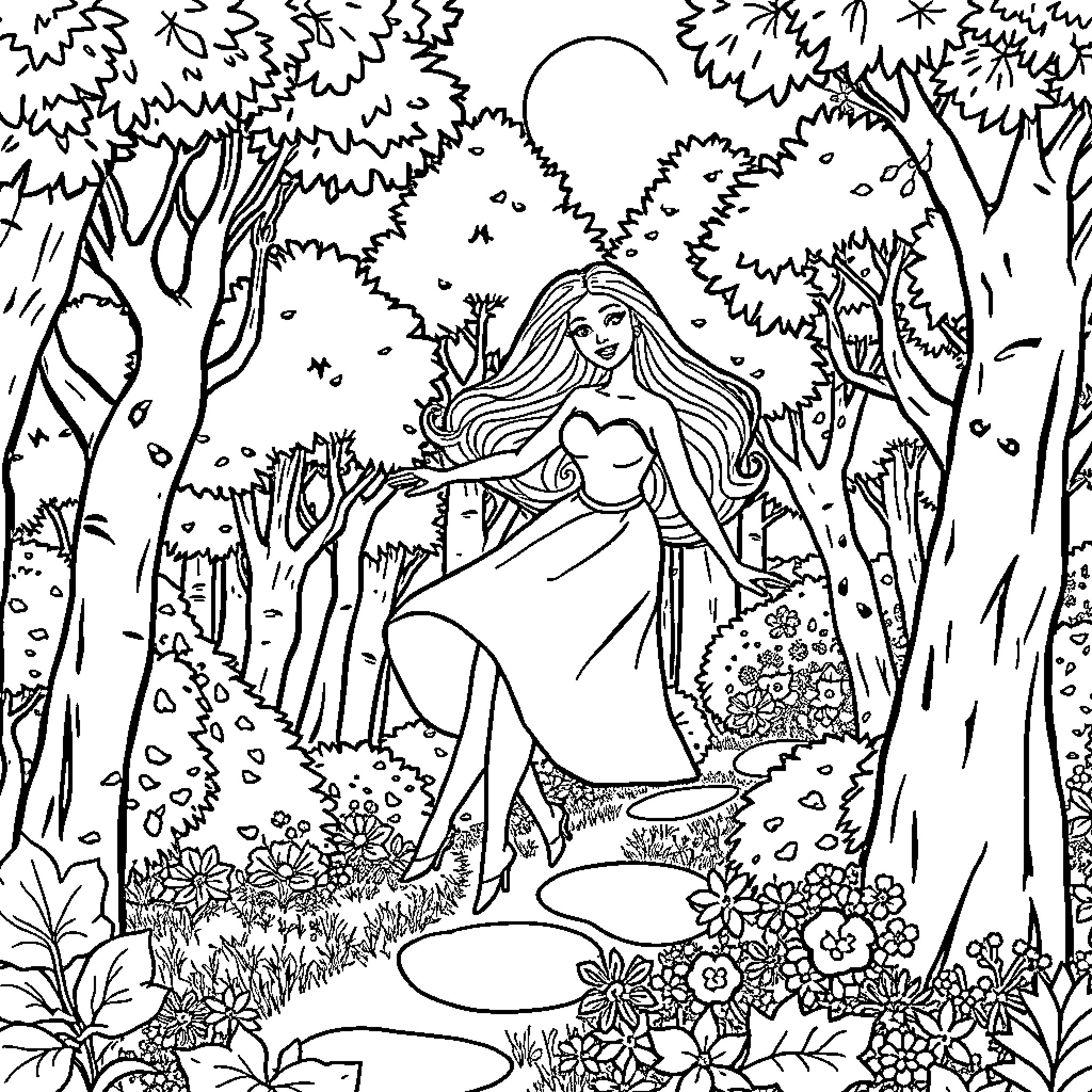 Barbie enjoys a serene forest scene Coloring Page (free black-and-white line drawing printable PDF for all, from beginners to advanced learners, including children, teens, adults, and seniors)